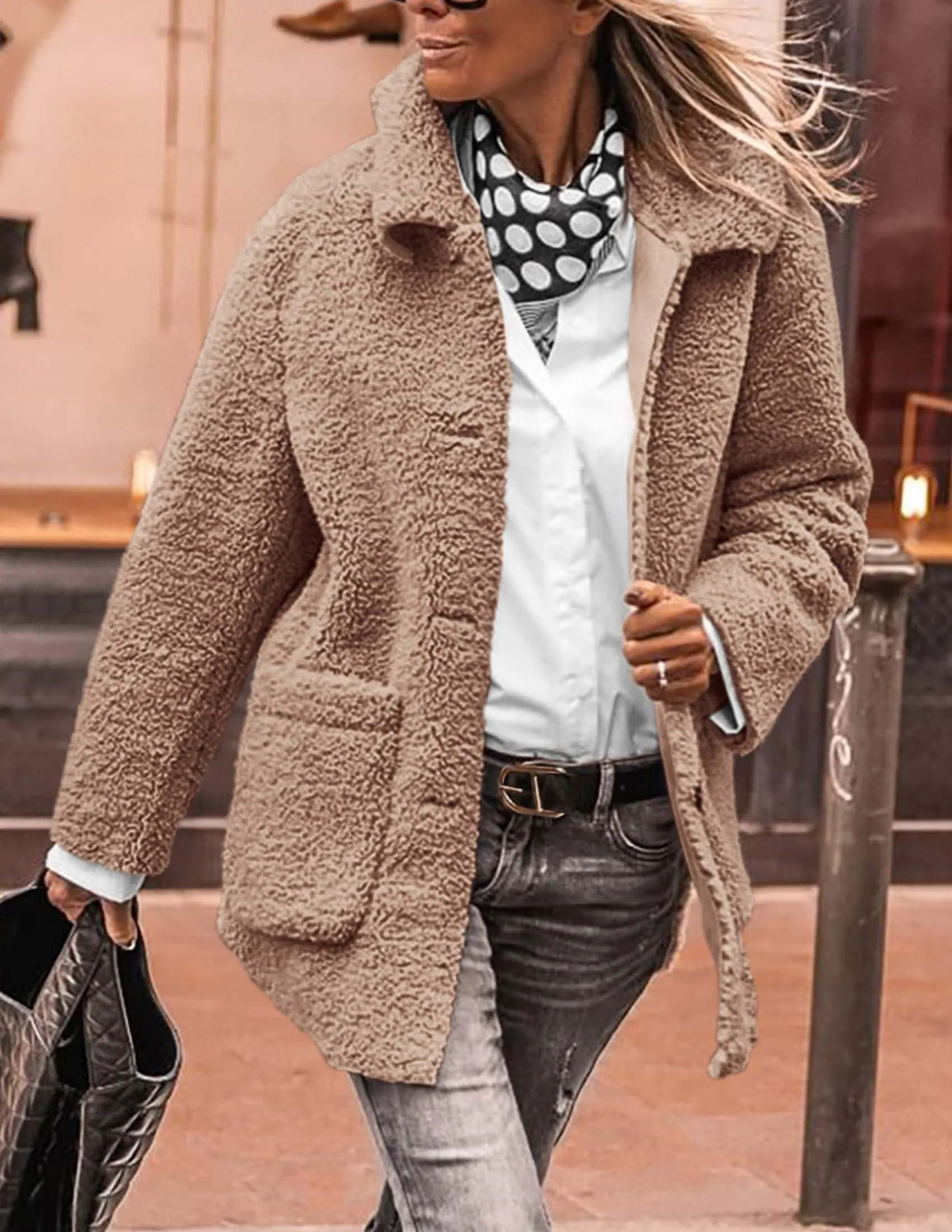 PRETTYGARDEN Women's Winter Faux Fur Coats Long Sleeve Lapel Button Down Pockets Fleece Sherpa Jacket Casual Trendy Outerwear (Camel,Medium)