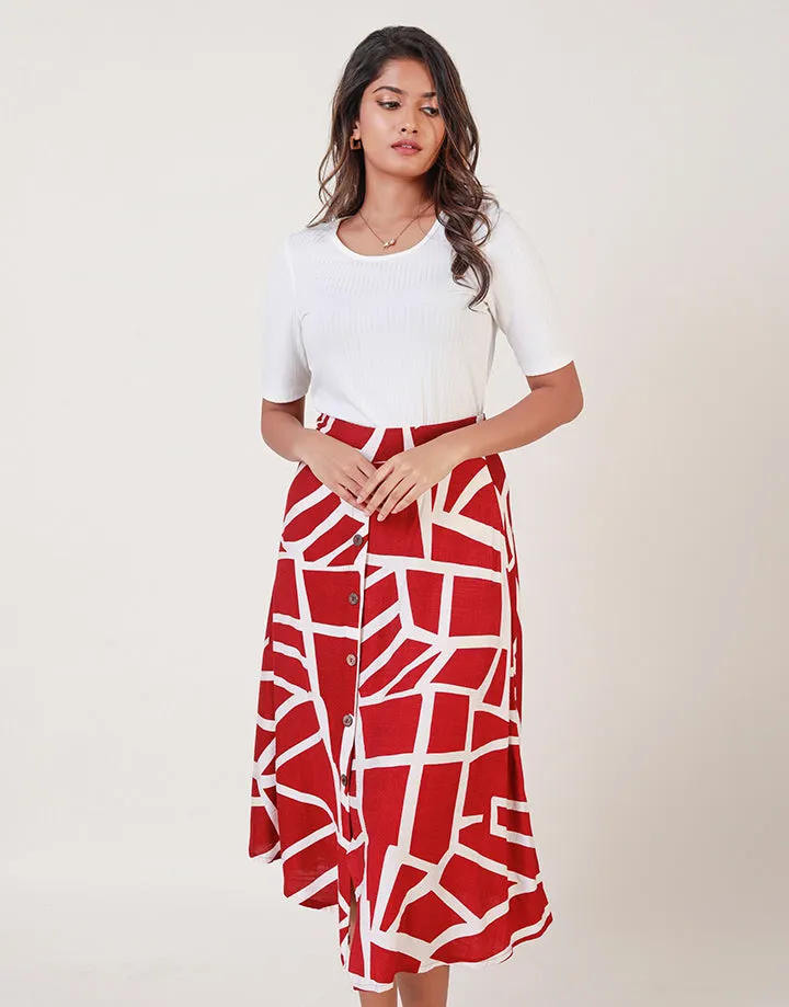 Printed Button Detailed Midi Skirt