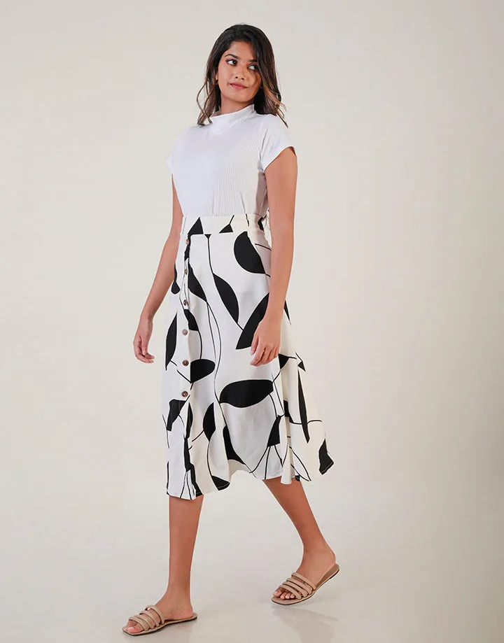 Printed Button Detailed Midi Skirt