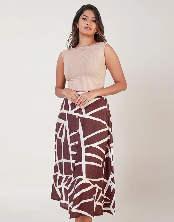 Printed Button Detailed Midi Skirt