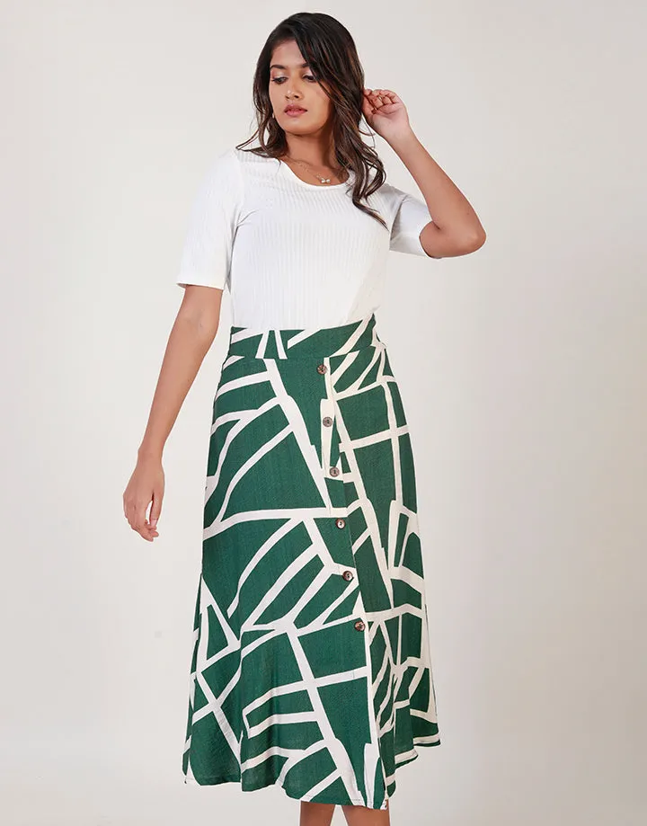 Printed Button Detailed Midi Skirt