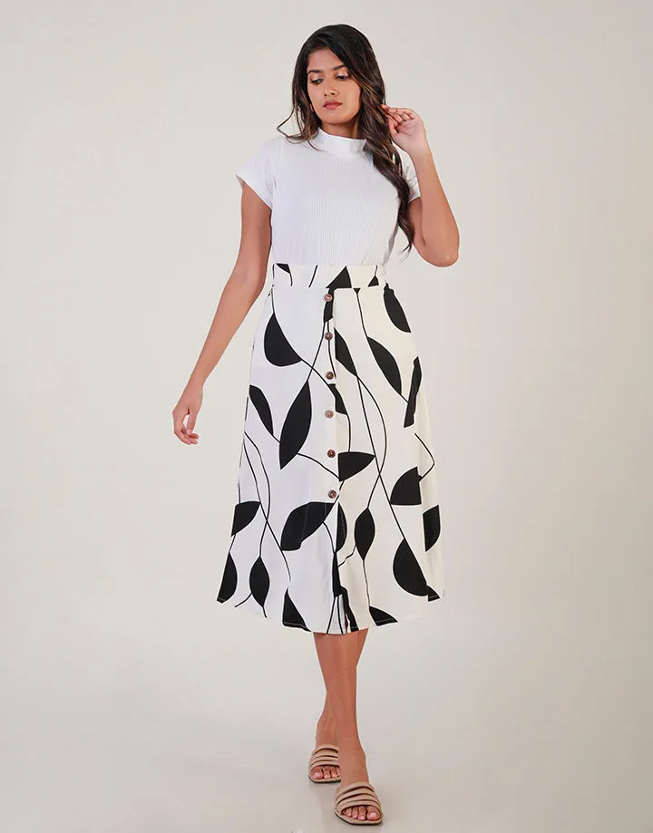 Printed Button Detailed Midi Skirt