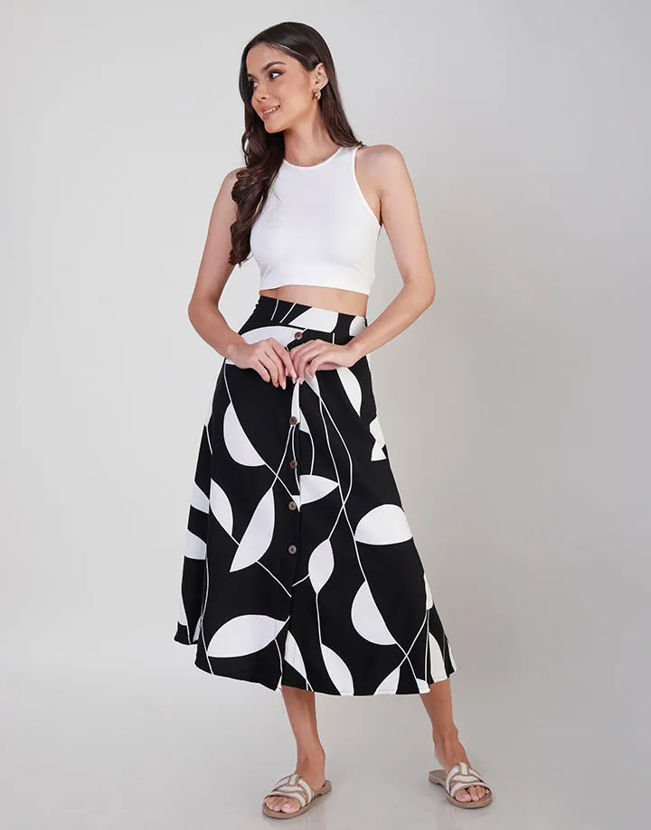 Printed Button Detailed Midi Skirt