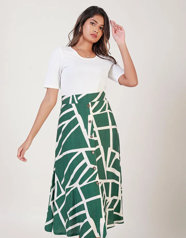 Printed Button Detailed Midi Skirt