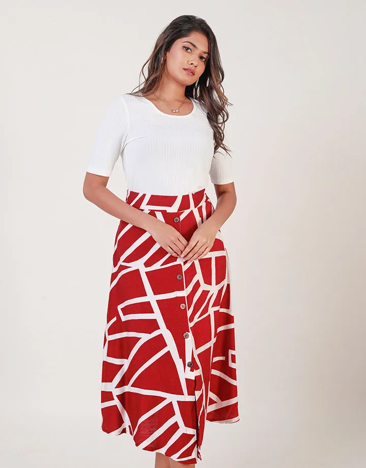 Printed Button Detailed Midi Skirt