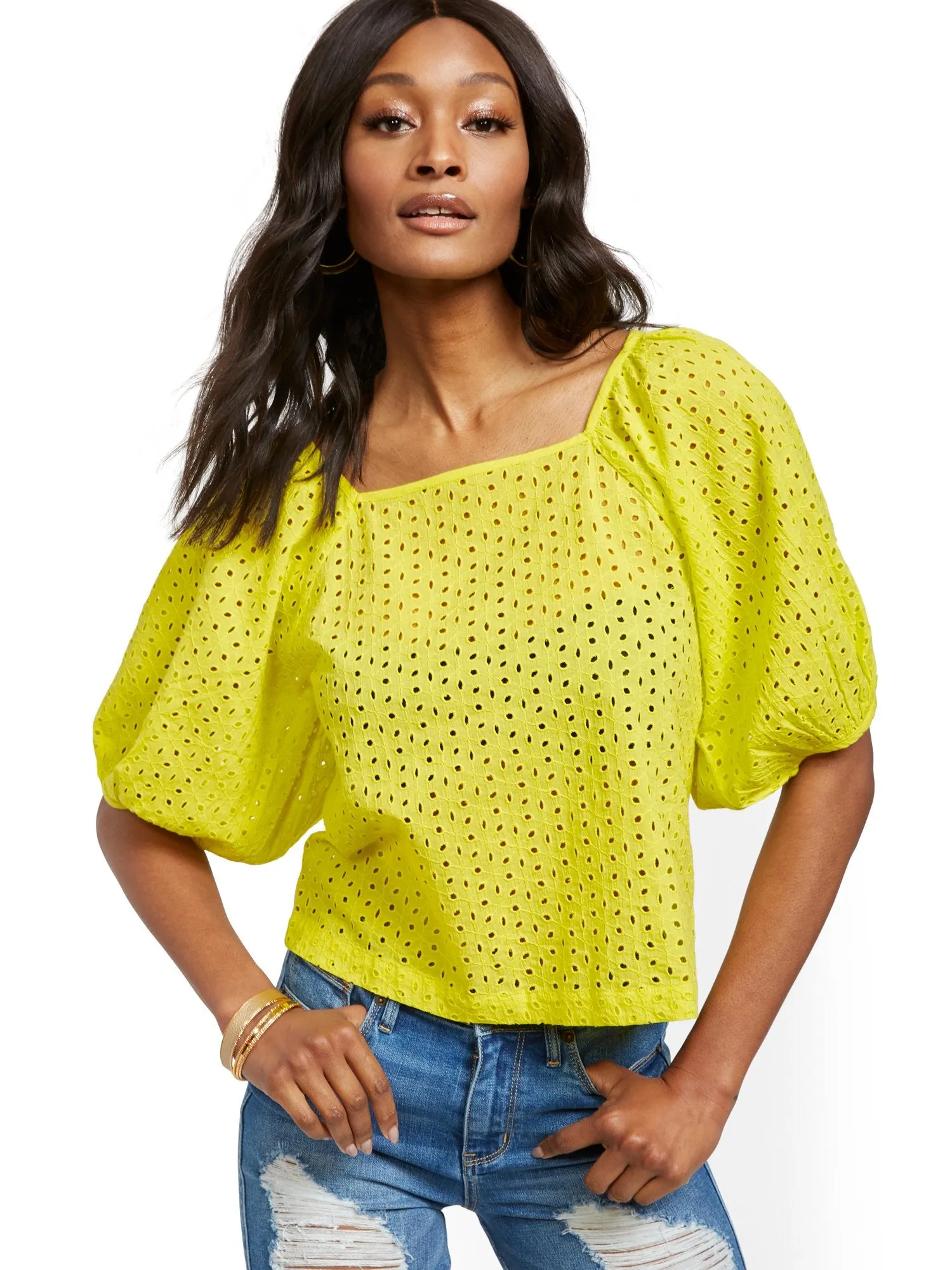 Puff-Sleeve Eyelet Top