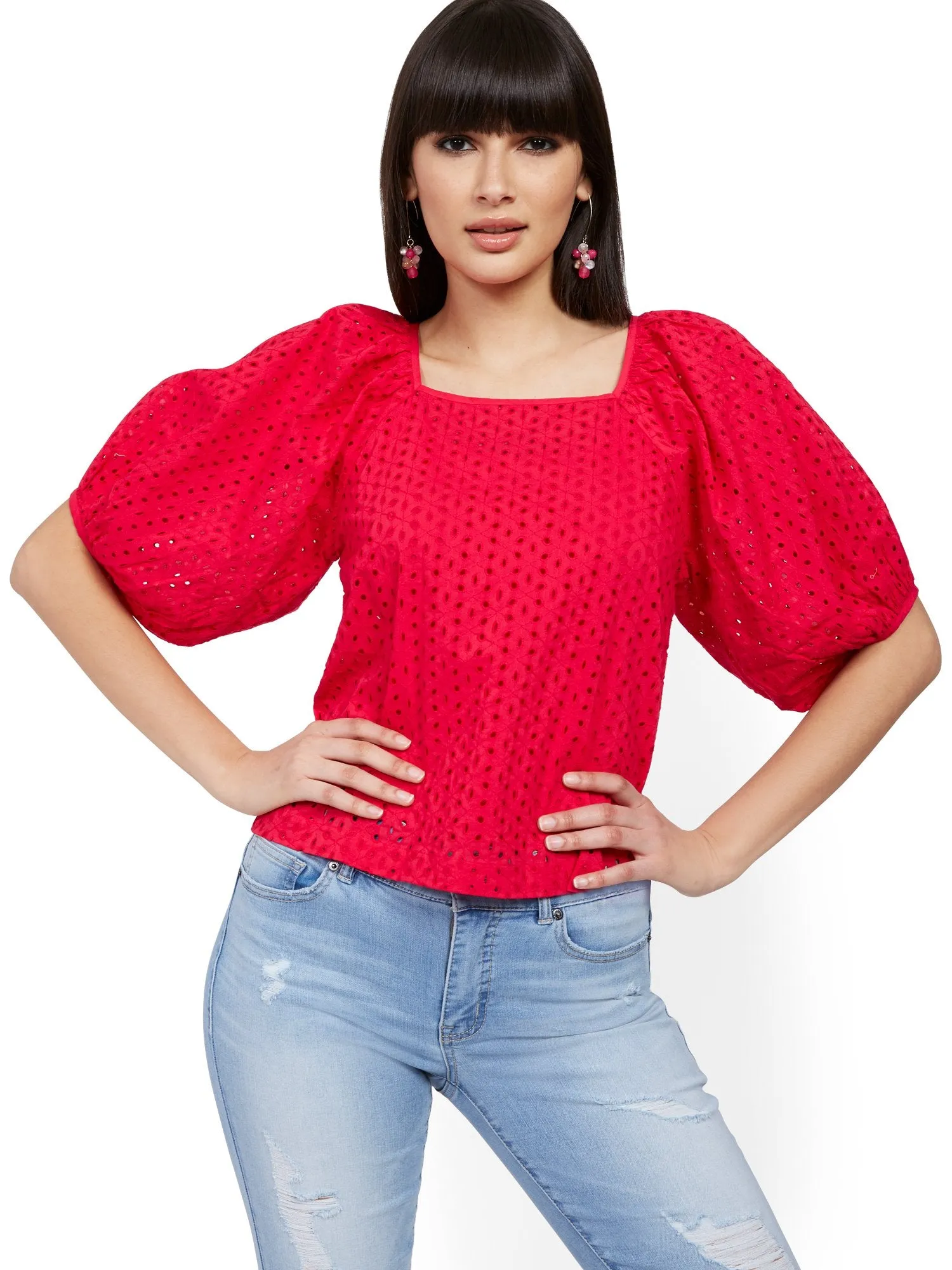 Puff-Sleeve Eyelet Top