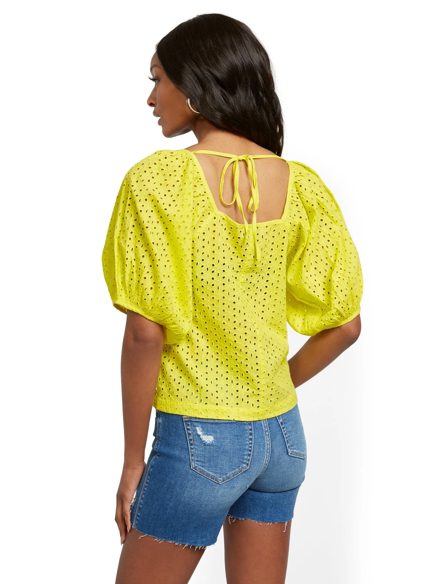 Puff-Sleeve Eyelet Top