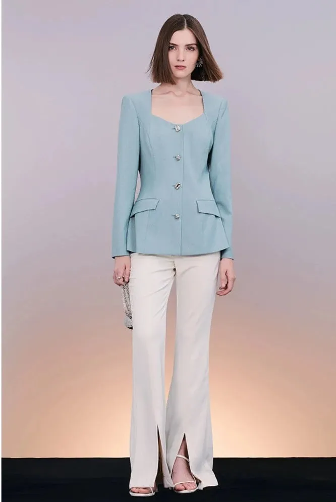 PURITY Classic blue blazer front slit slightly flared pants- Madison