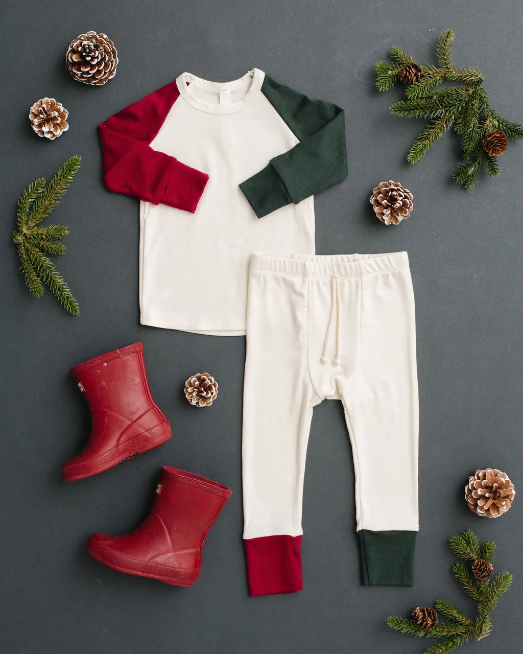 rib knit pant CO - natural and stocking red and wreath green contrast