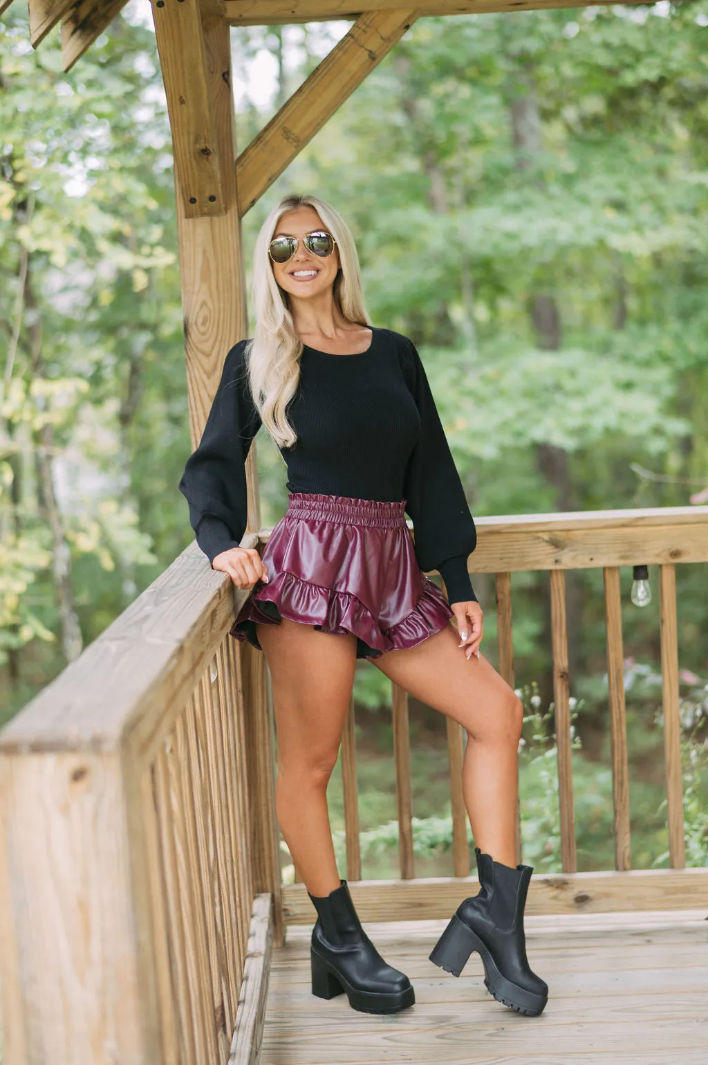 Ruffled Hem Faux Leather Shorts