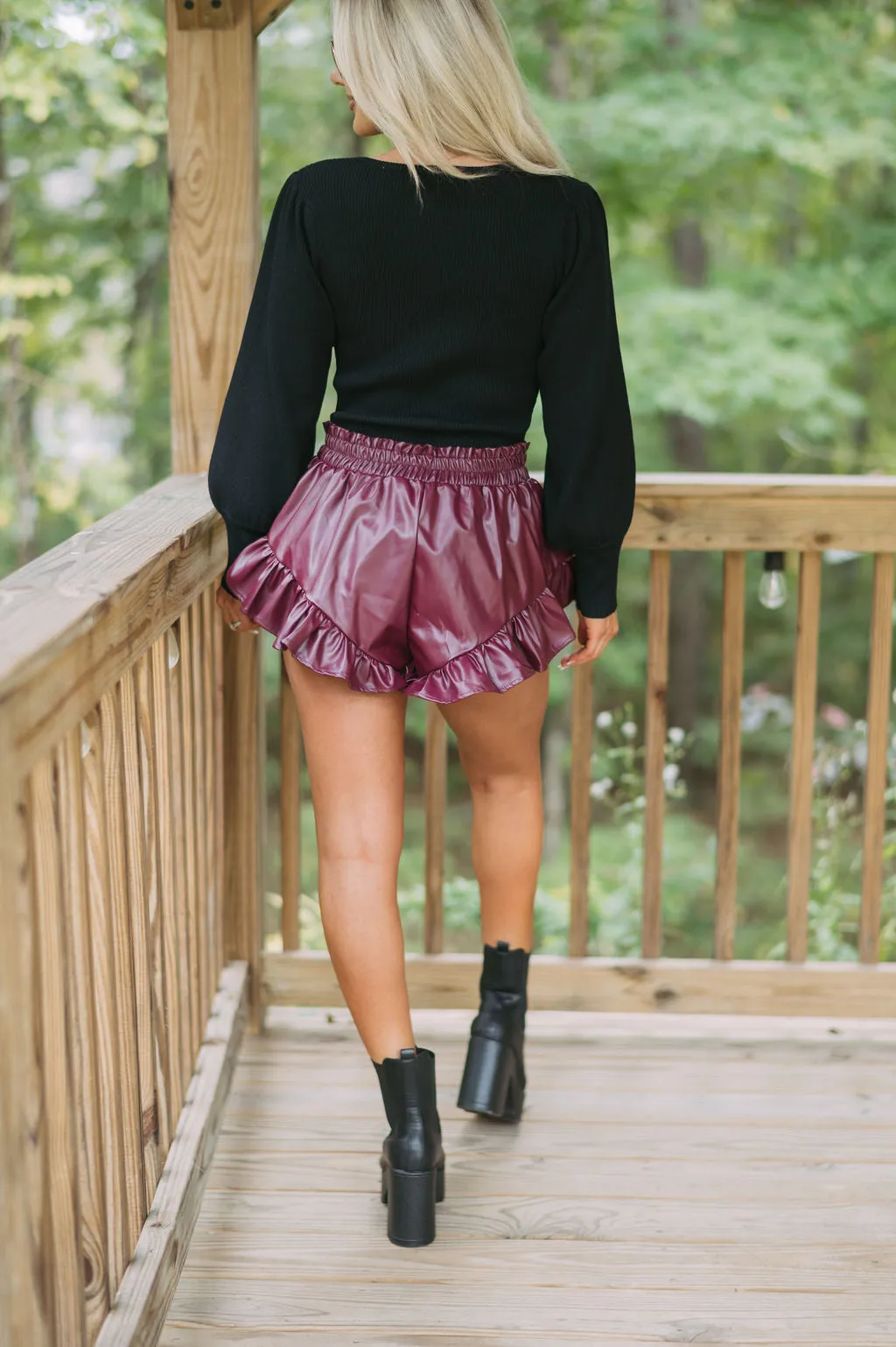 Ruffled Hem Faux Leather Shorts