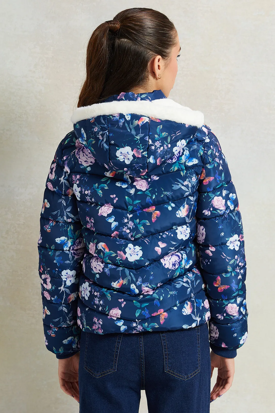 Senior Girls Navy Floral Print Hooded Padded Jacket