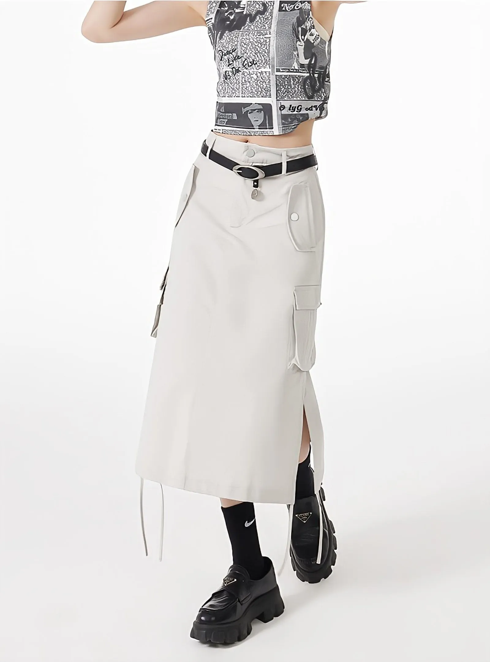 Slit & String Detailed Cargo Midi Skirt