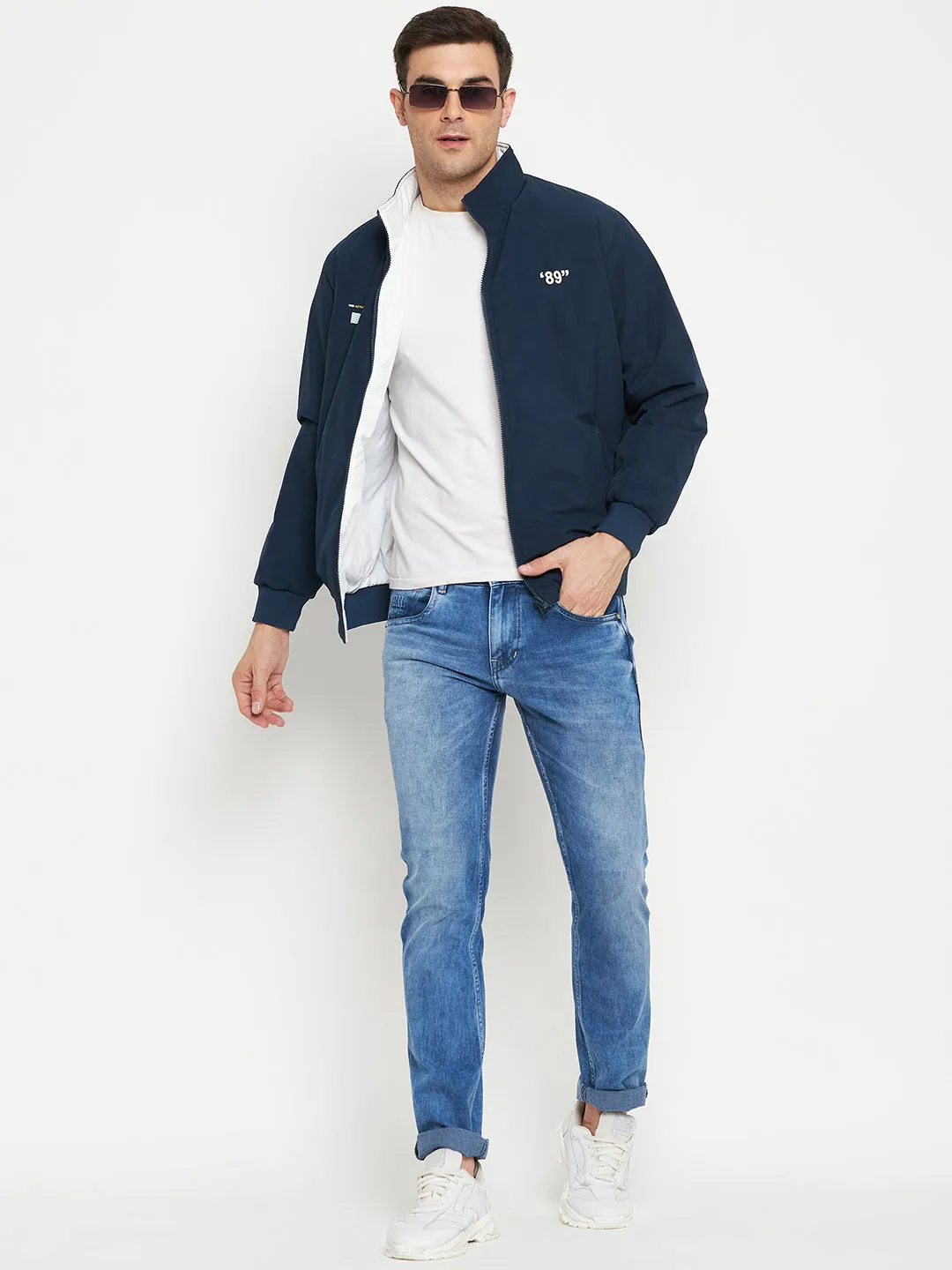 Solid Blue and White Full Sleeves Mock Collar Regular Fit Reversible Casual Jacket for Men