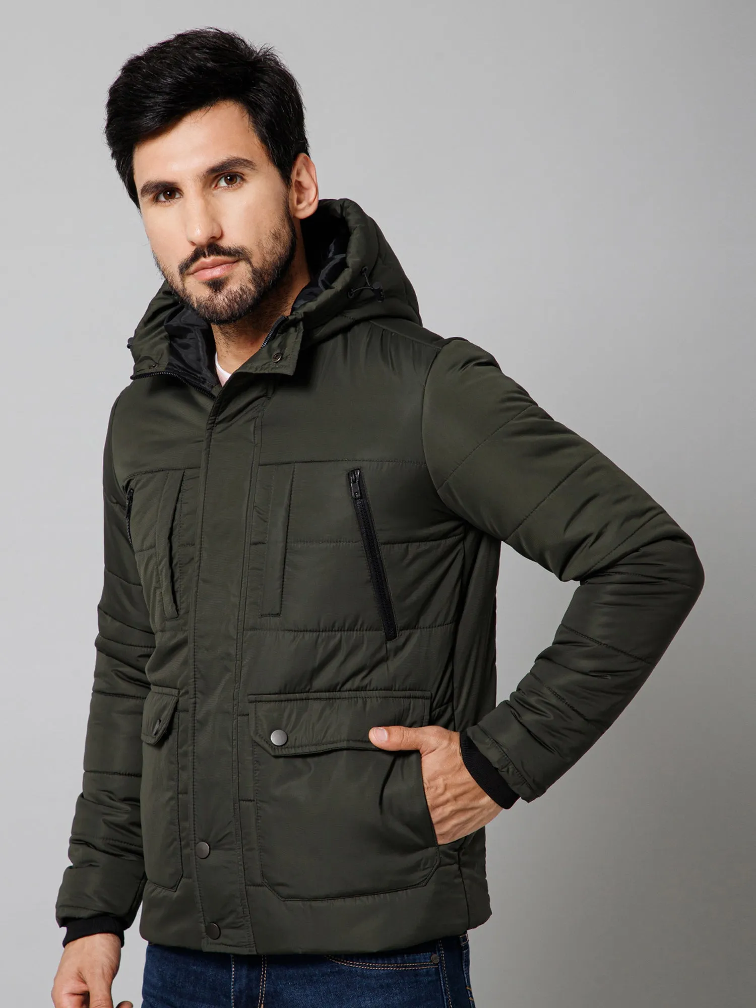 Solid Full Sleeves Hooded Neck Regular Fit Olive Casual Jacket for Mens