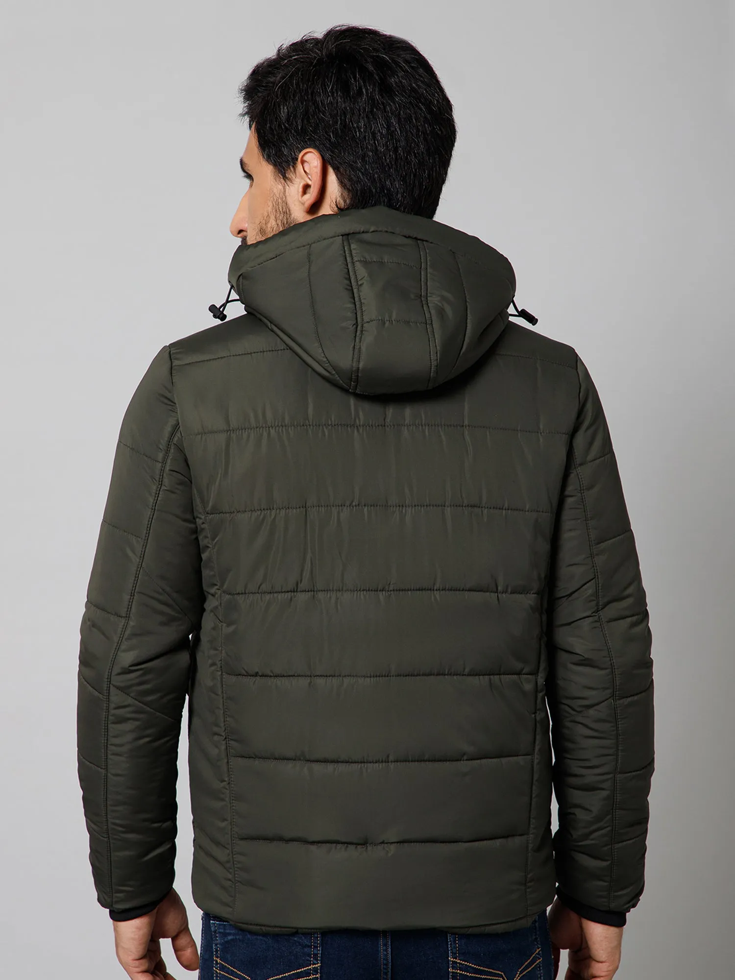 Solid Full Sleeves Hooded Neck Regular Fit Olive Casual Jacket for Mens