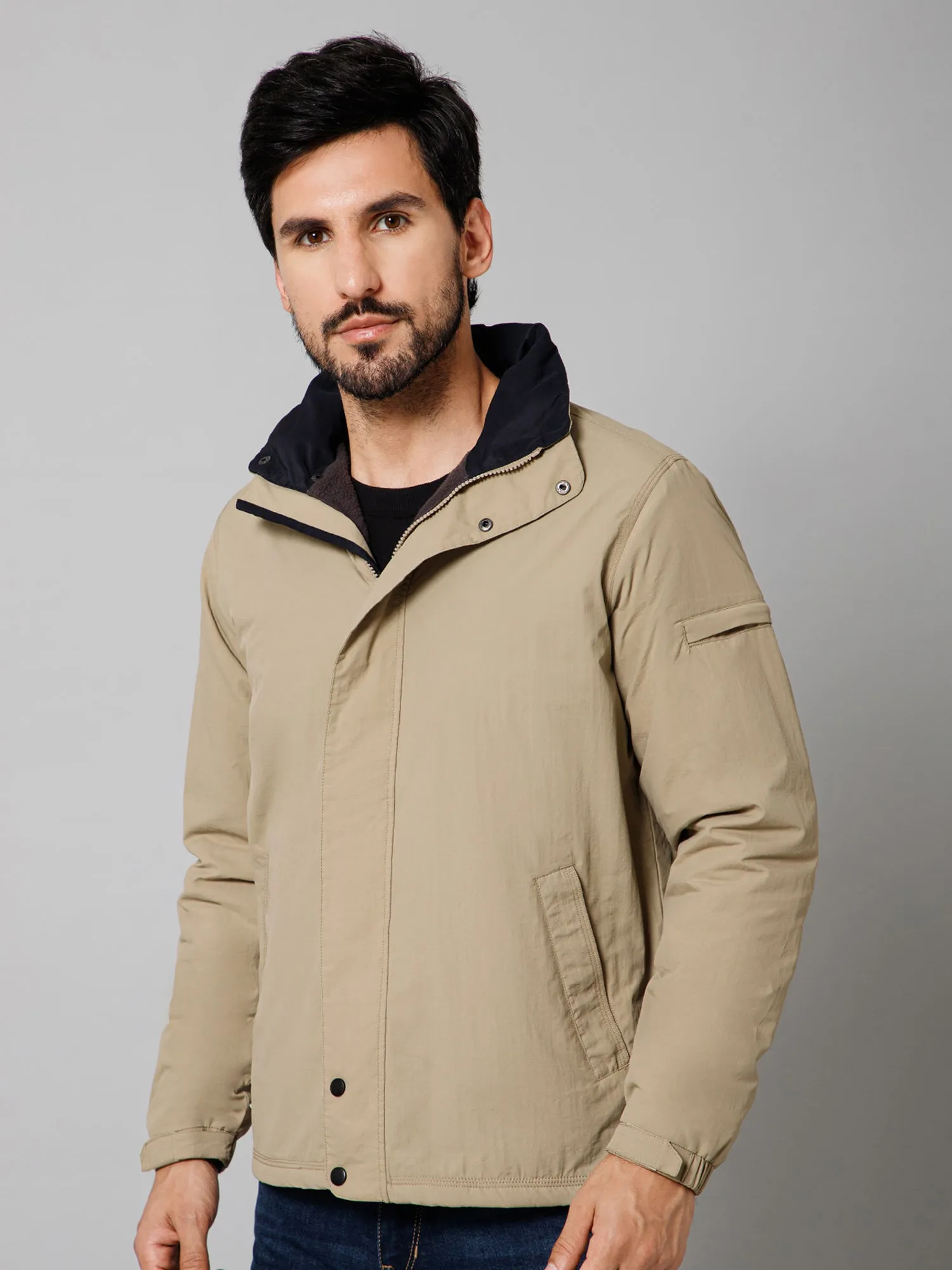 Solid Full Sleeves Mock Collar Regular Fit Beige Casual Jacket for Men