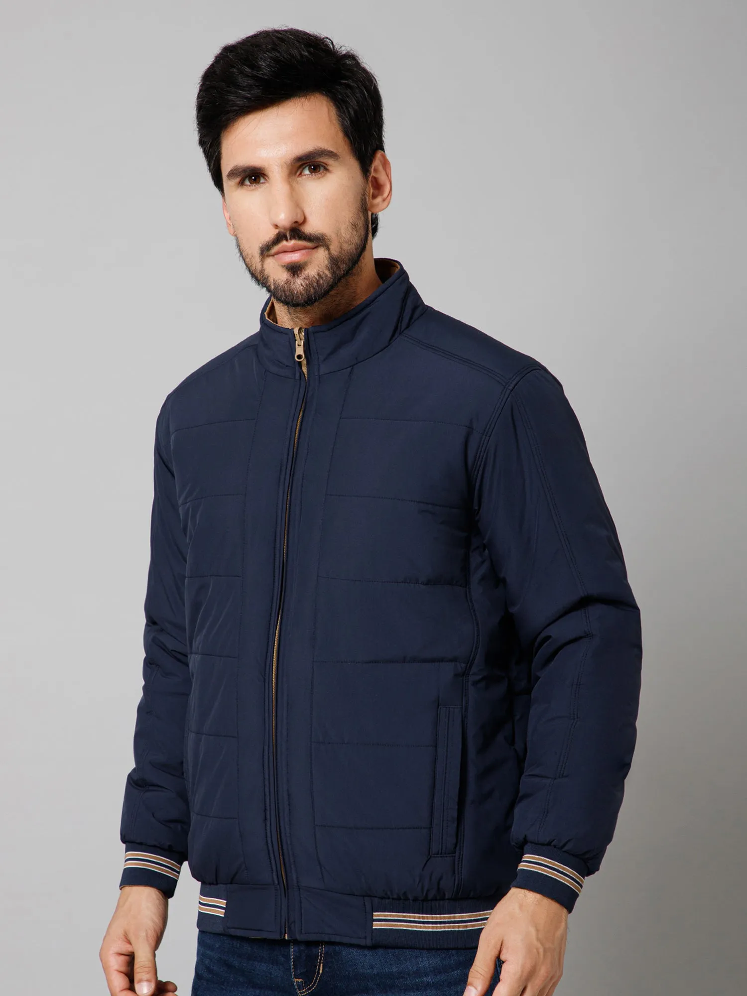 Solid Full Sleeves Mock Collar Regular Fit Navy Blue Casual Reversible Jacket for Men