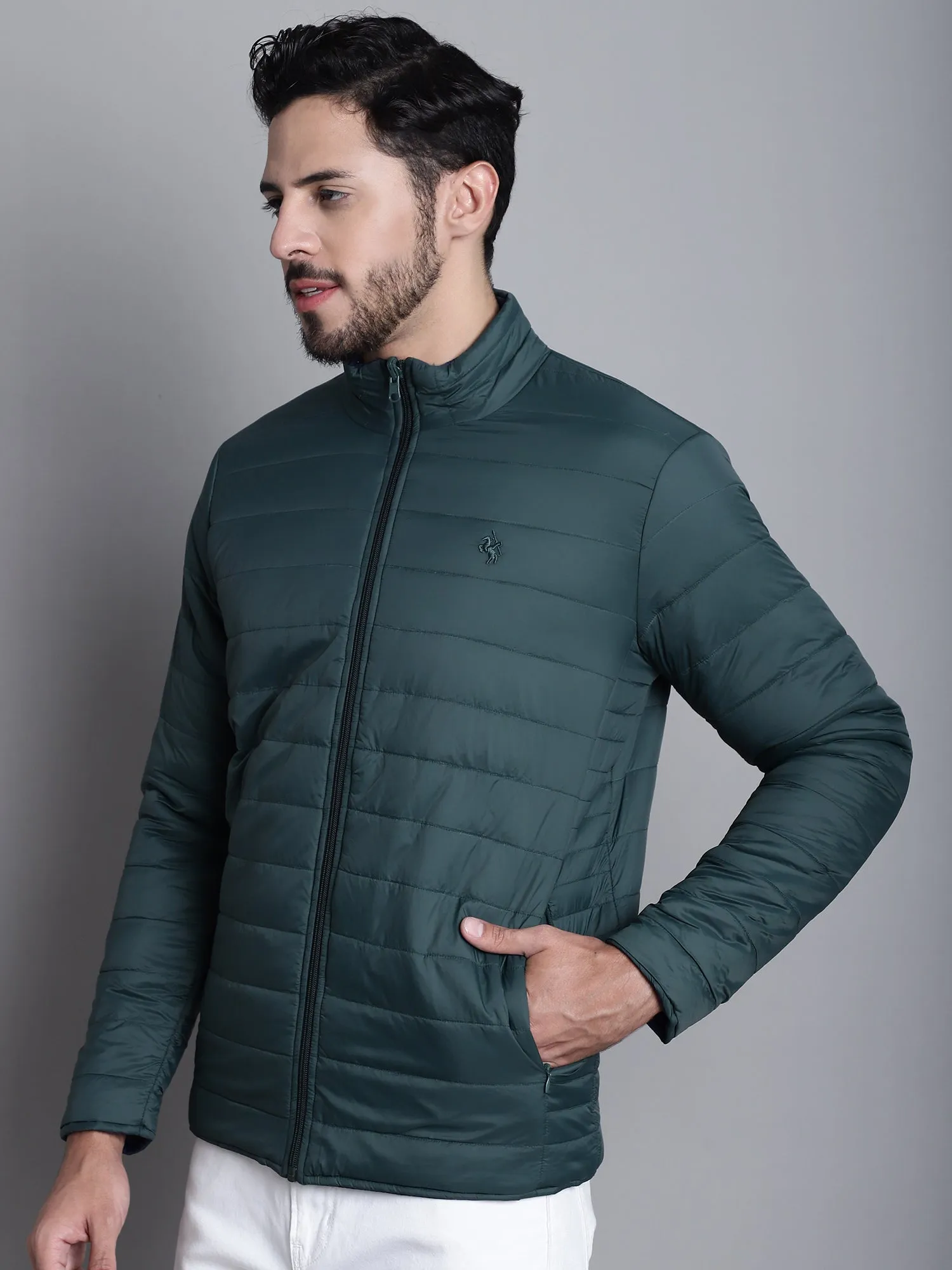 Solid Green and Blue Full Sleeves Mock Collar Reversible Regular Fit Casual Jacket for Men