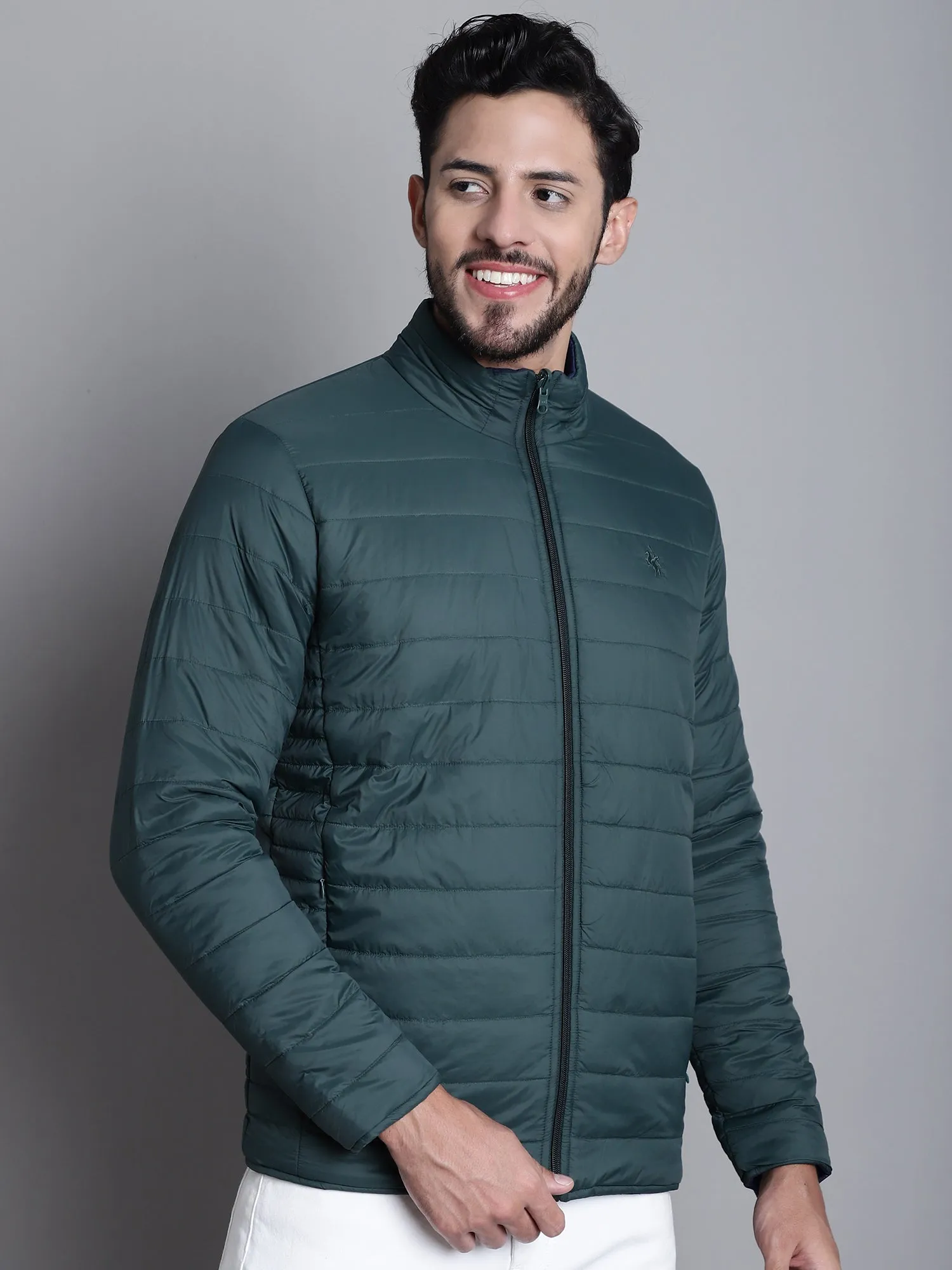 Solid Green and Blue Full Sleeves Mock Collar Reversible Regular Fit Casual Jacket for Men