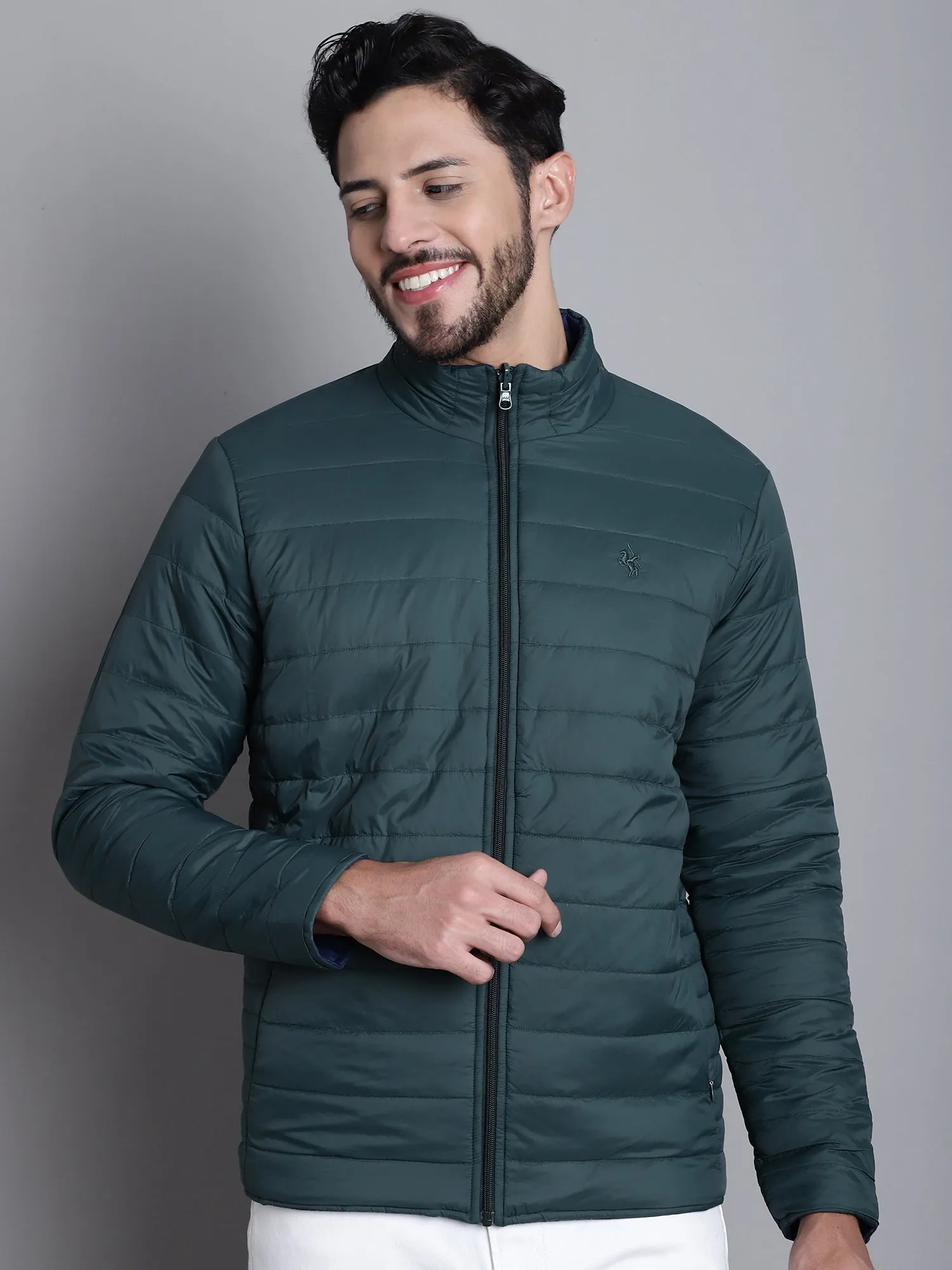 Solid Green and Blue Full Sleeves Mock Collar Reversible Regular Fit Casual Jacket for Men