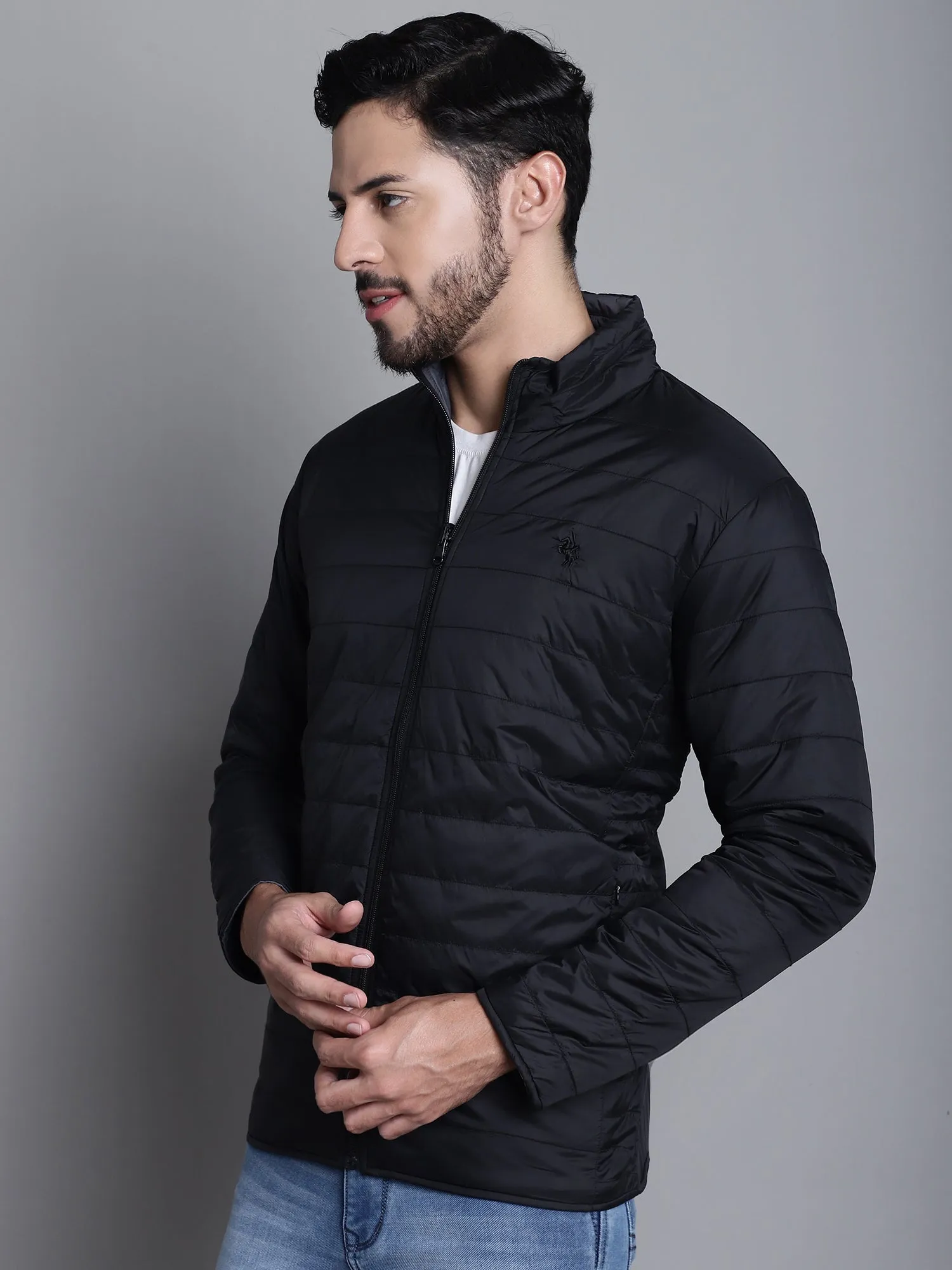 Solid Grey and Black Full Sleeves Mock Collar Reversible Regular Fit Casual Jacket for Men