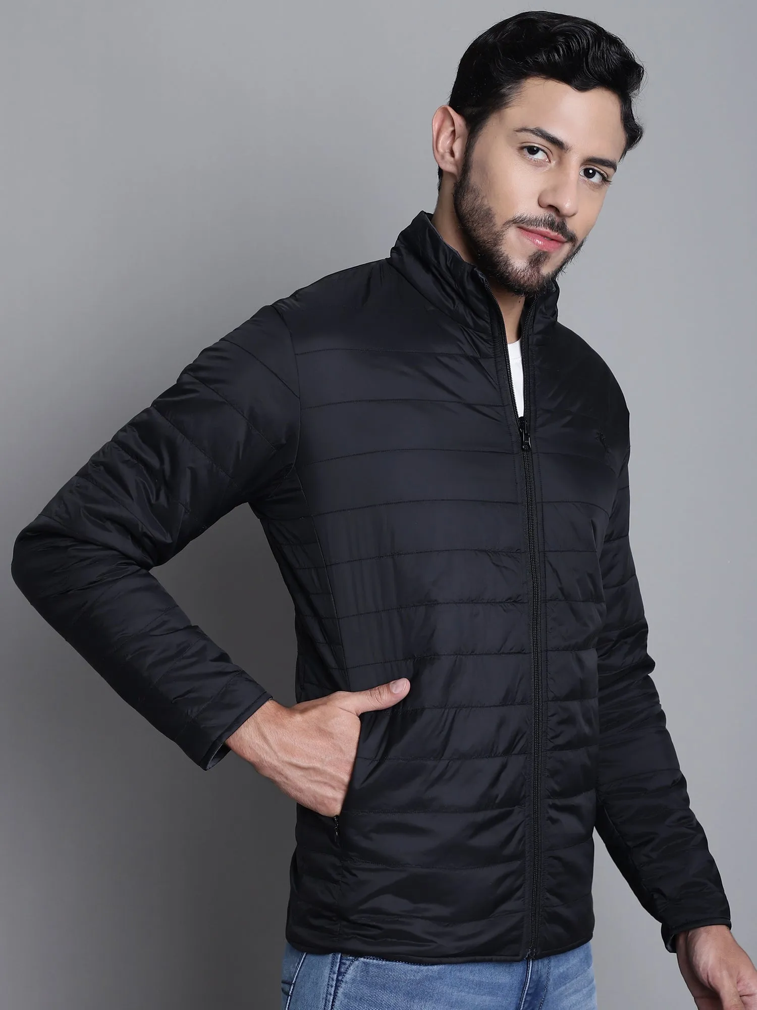 Solid Grey and Black Full Sleeves Mock Collar Reversible Regular Fit Casual Jacket for Men