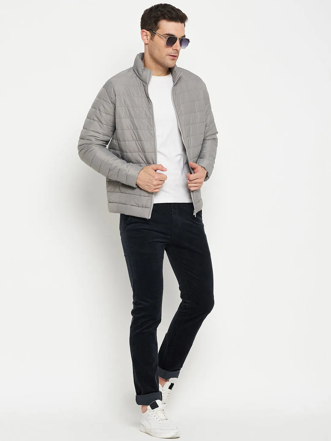 Solid Grey Full Sleeves Mock Collar Regular Fit Casual Jacket for Men