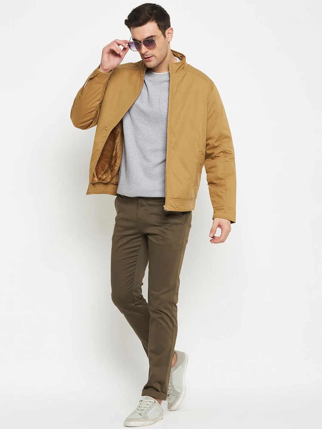 Solid Khaki Full Sleeves Mock Collar Regular Fit Casual Jacket for Men