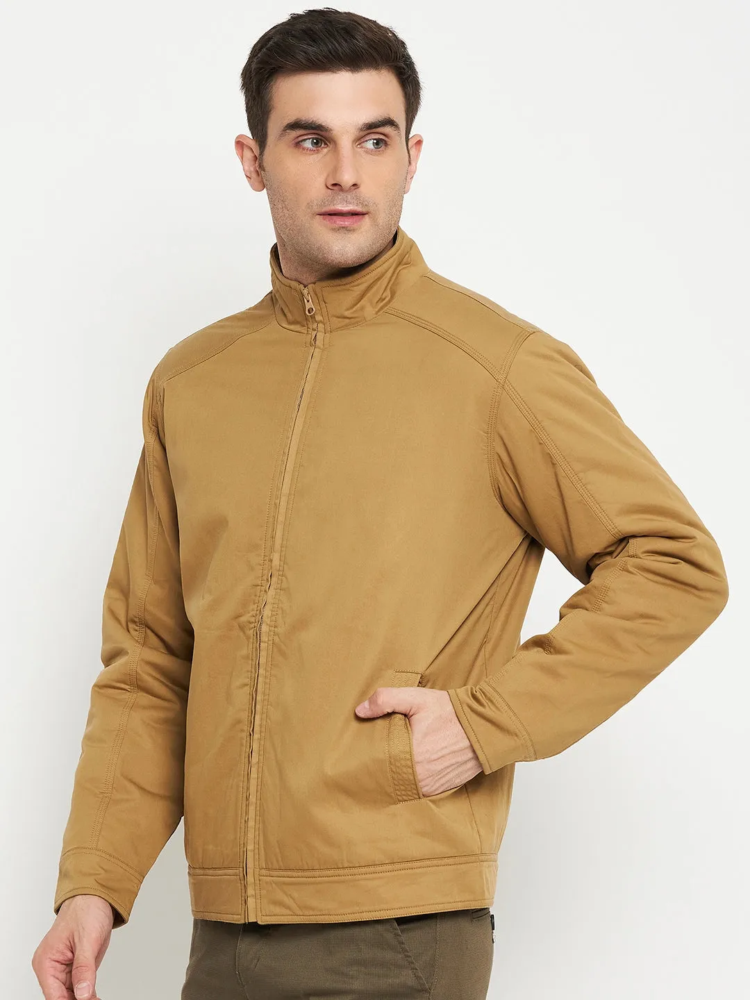 Solid Khaki Full Sleeves Mock Collar Regular Fit Casual Jacket for Men