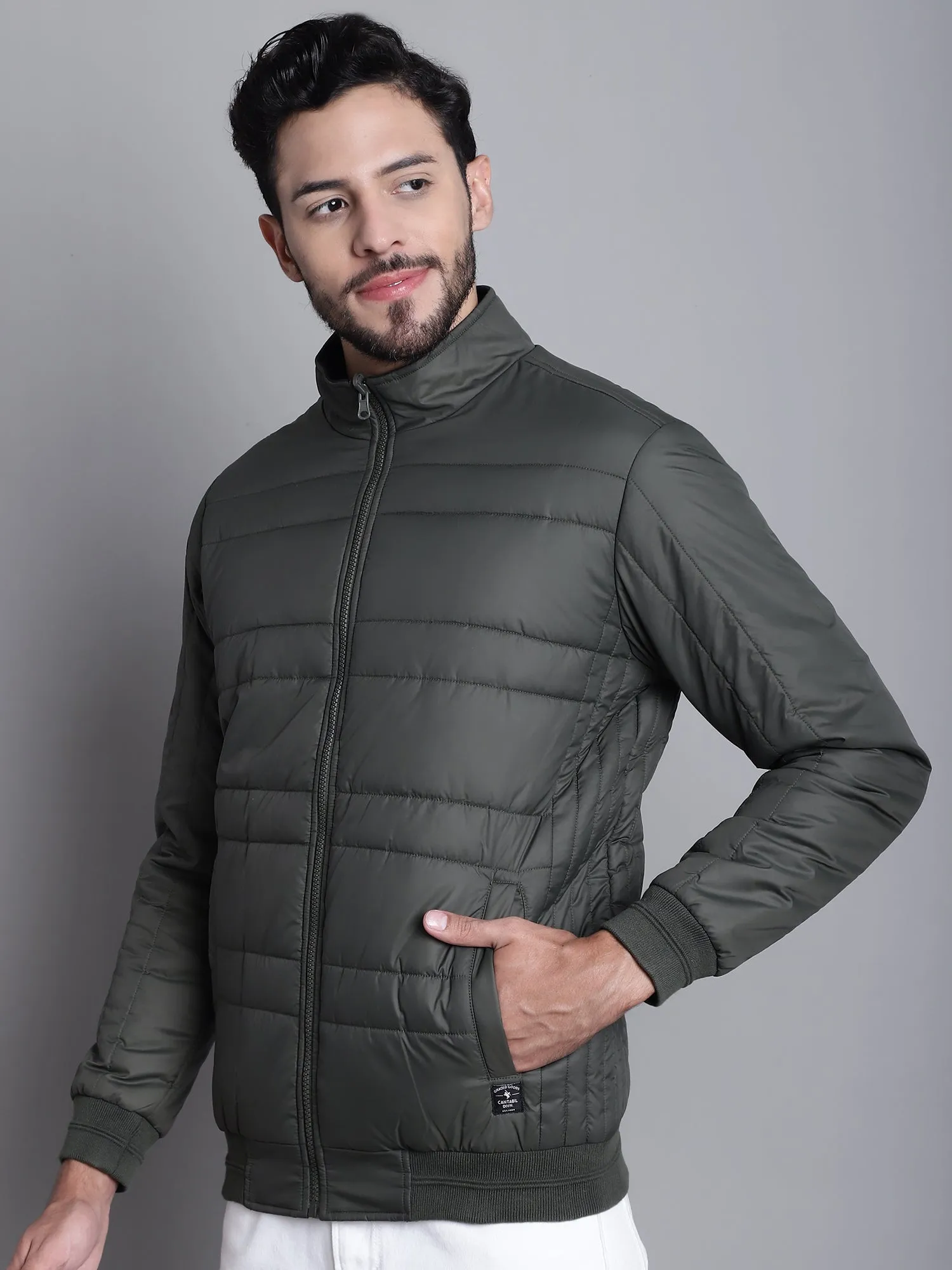 Solid Olive and Black Full Sleeves Mock Collar Regular Fit Reversible Casual Jacket For Men