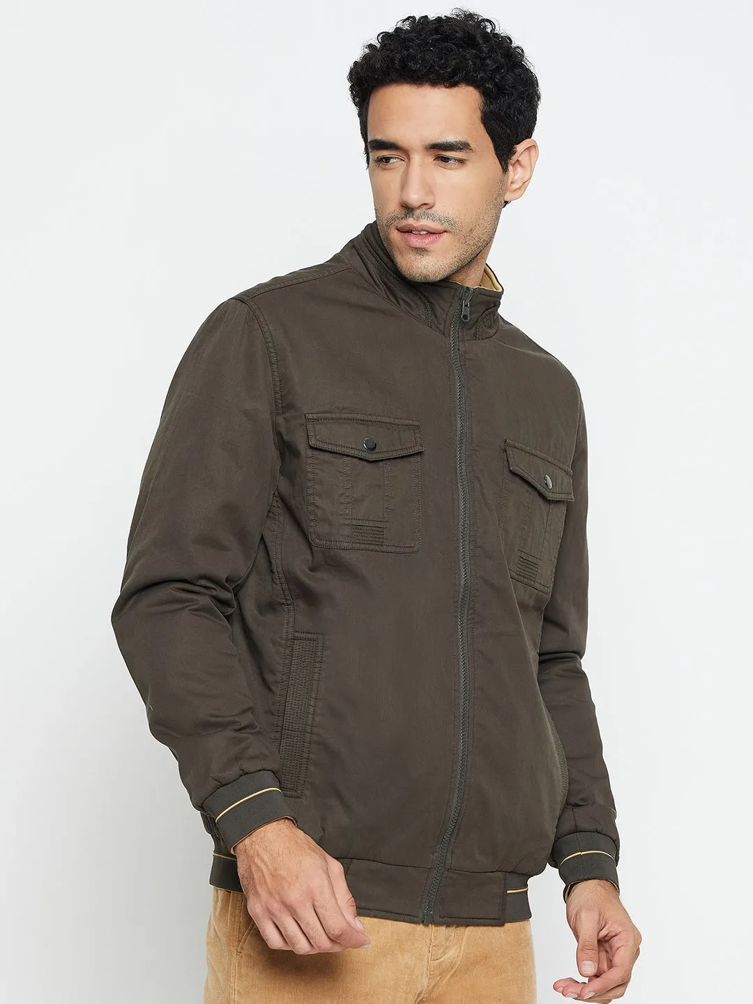 Solid Olive and Khaki Full Sleeves Mock Collar Regular Fit Reversible Casual Jacket for Men