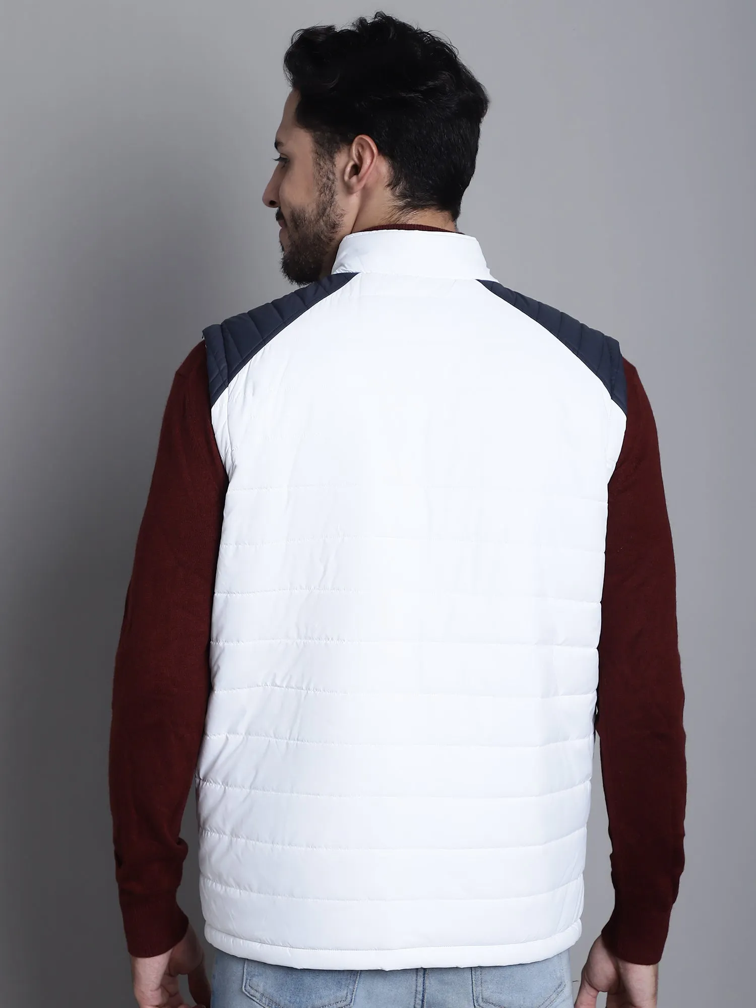 Solid White and Navy Sleeveless Mock Collar Regular Fit Reversible Casual Jacket For Mens