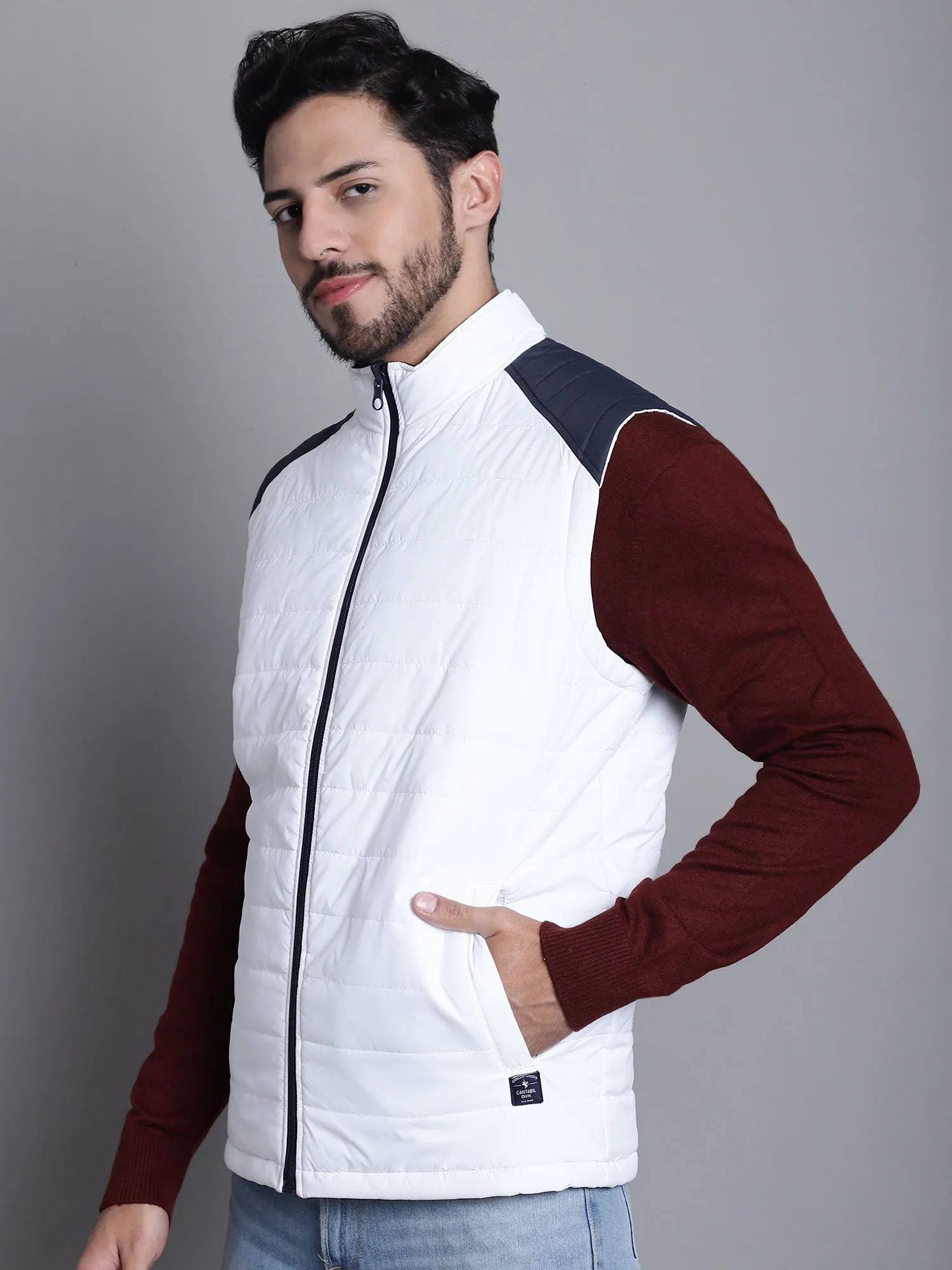 Solid White and Navy Sleeveless Mock Collar Regular Fit Reversible Casual Jacket For Mens