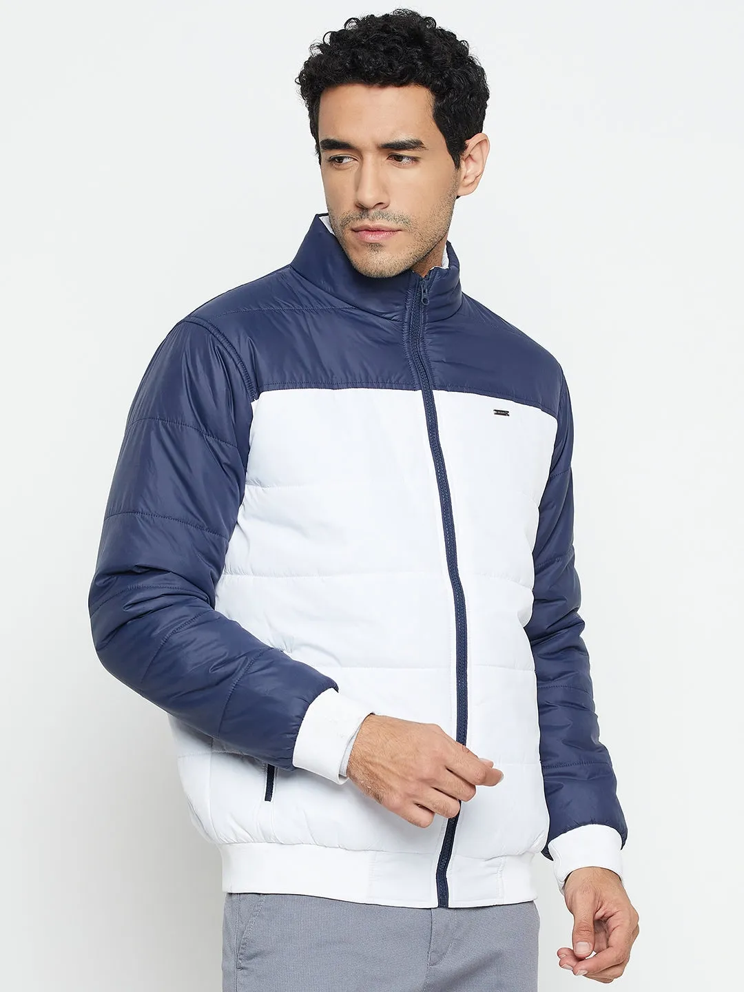 Solid White Full Sleeves Mock Collar Regular Fit Casual Jacket for Men