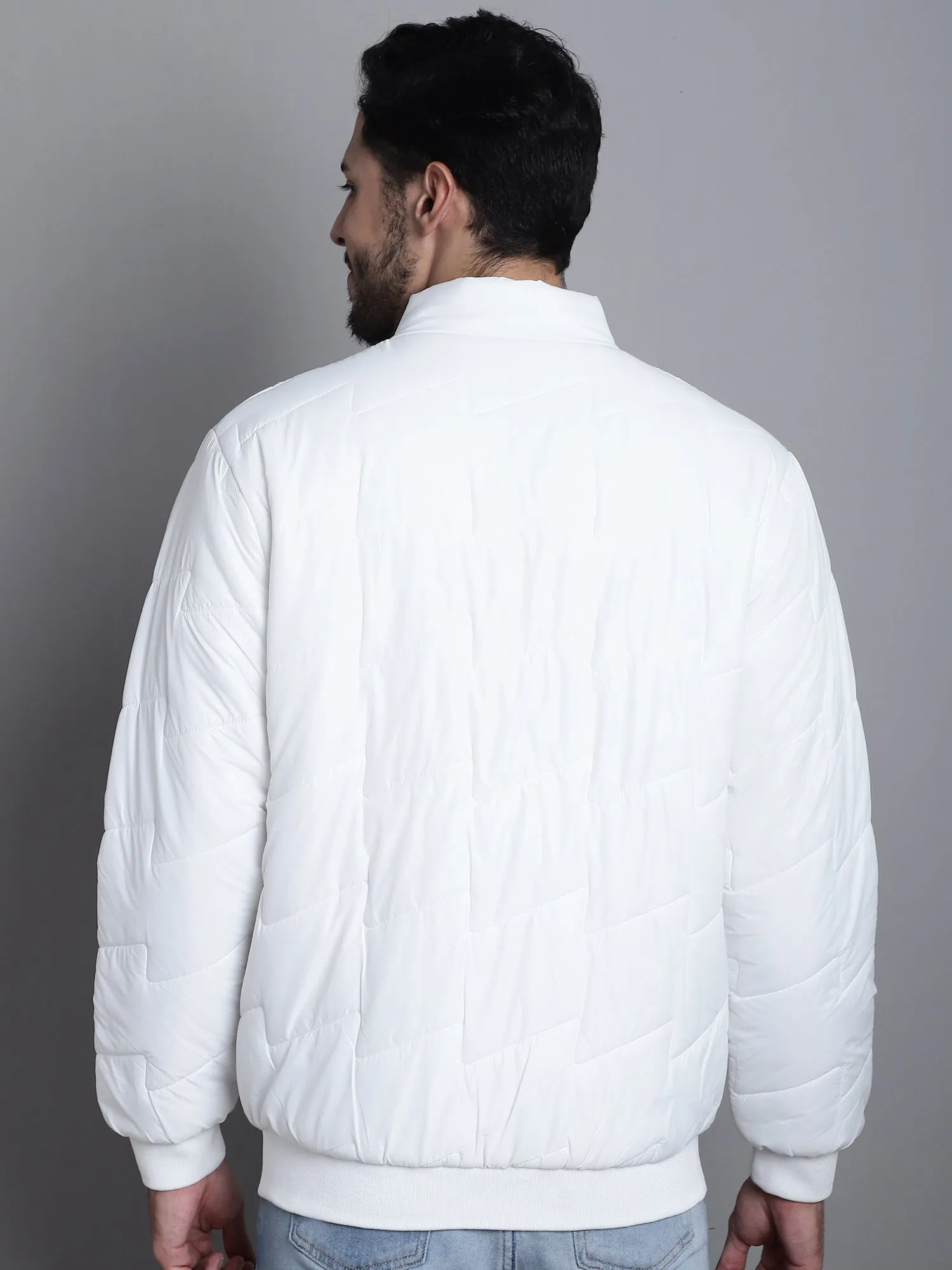 Solid White Full Sleeves Mock Collar Regular Fit Mens Casual Jacket