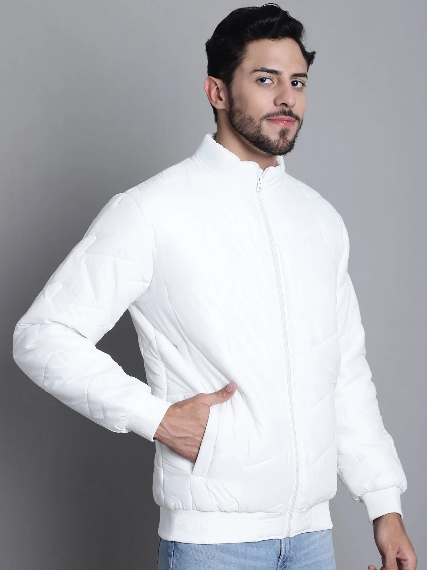 Solid White Full Sleeves Mock Collar Regular Fit Mens Casual Jacket