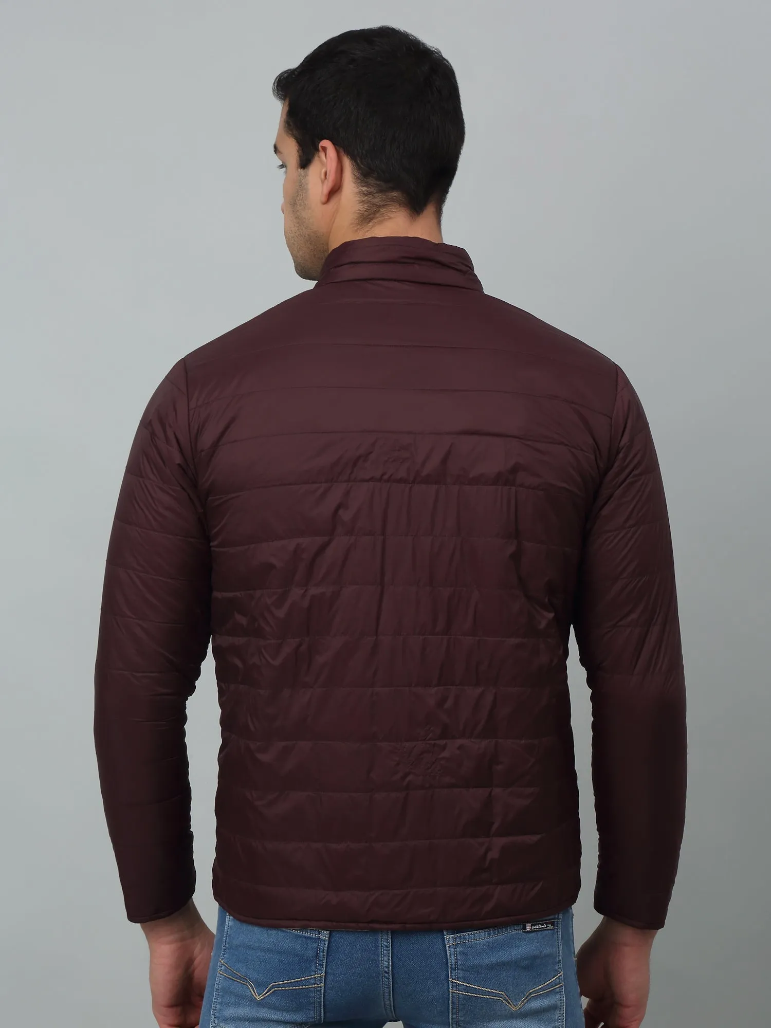 Solid Wine Full Sleeves Band Collar Regular Fit Reversible Jacket for Men