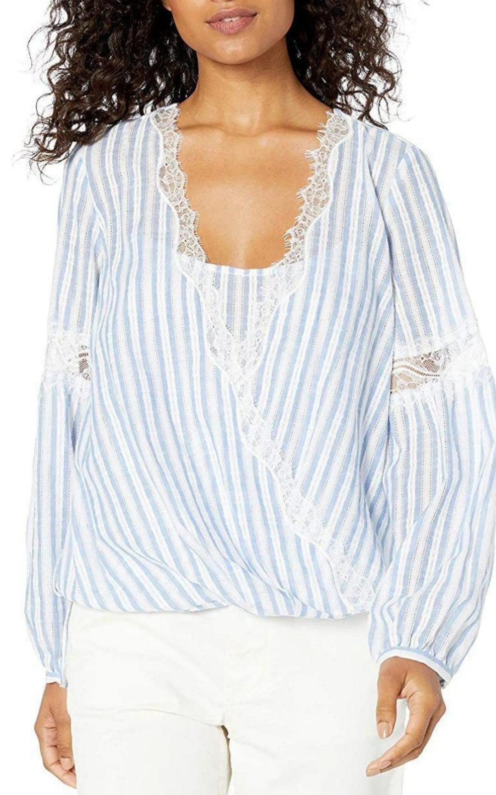 Striped Faux Wrap Cotton Blouse