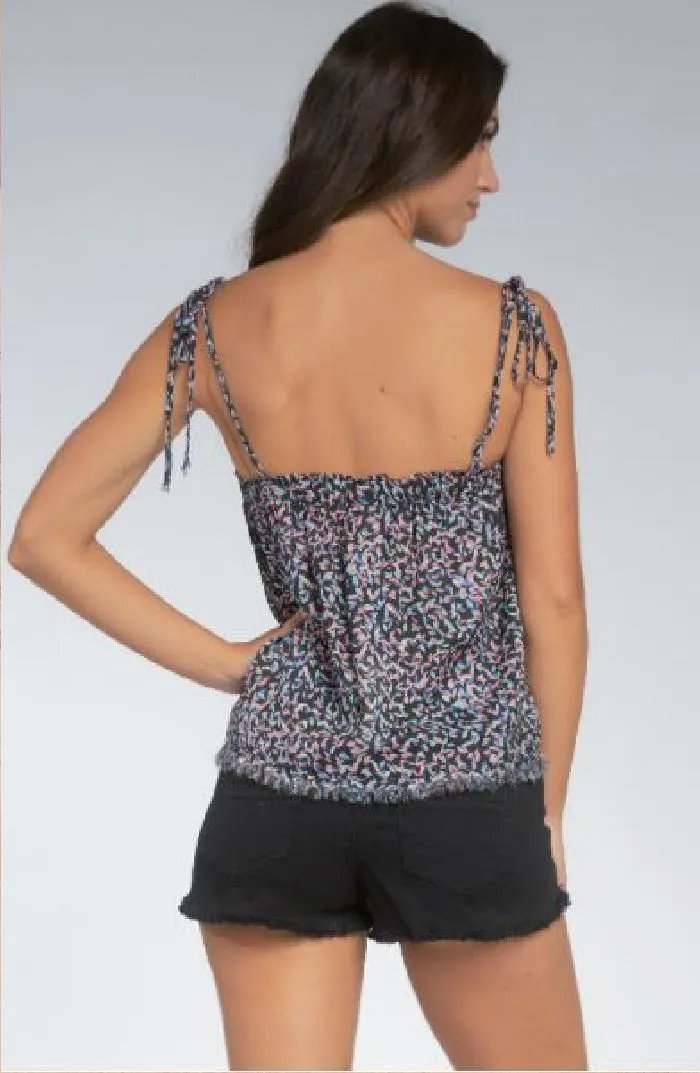 Tie Strap Tube Top Garden Leaf Print With Frayed Hem