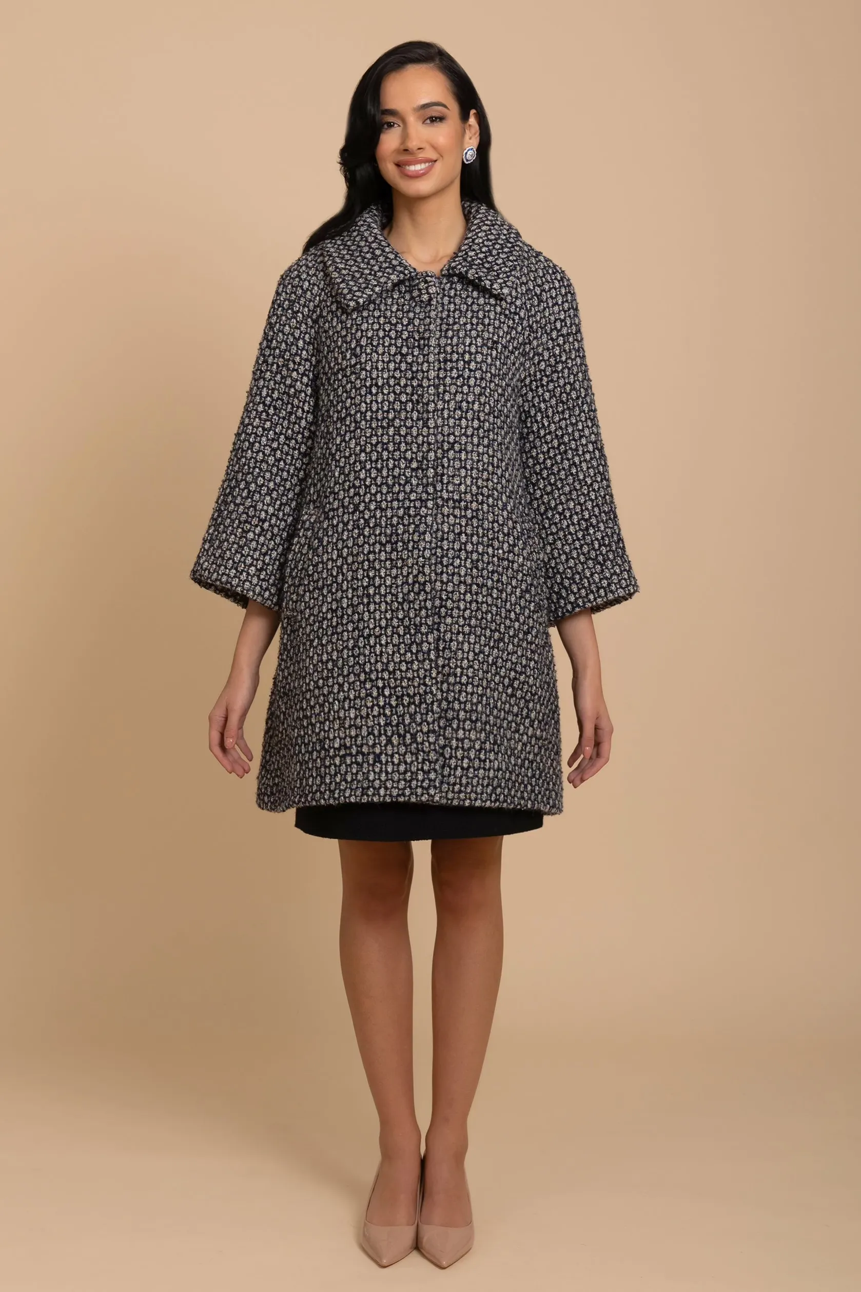 'Twiggy' Wool Tweed Swing Coat in Marino