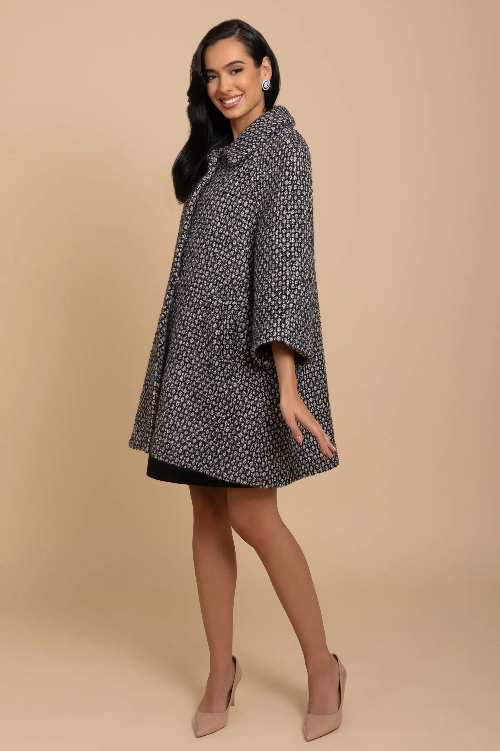 'Twiggy' Wool Tweed Swing Coat in Marino