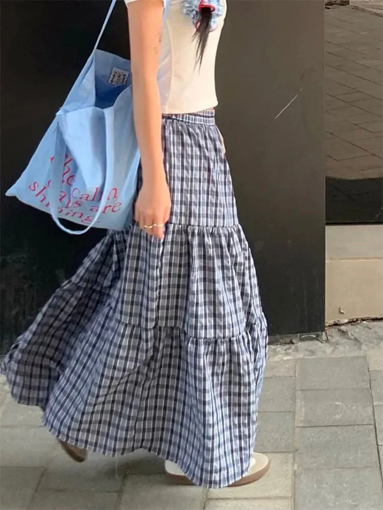 Vintage Plaid Streetwear Elastic Waist A-Line Skirt with Ruffled Detail