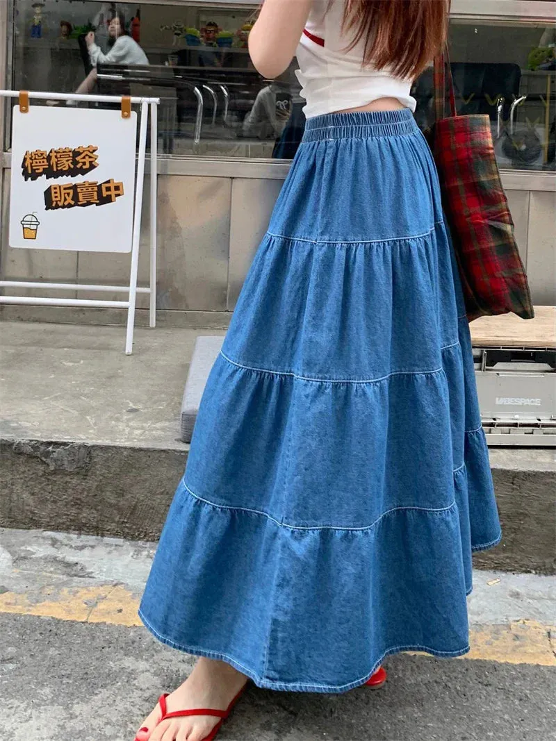 Vintage Ruffle Hem Korean Casual Elastic Waist Long Skirt