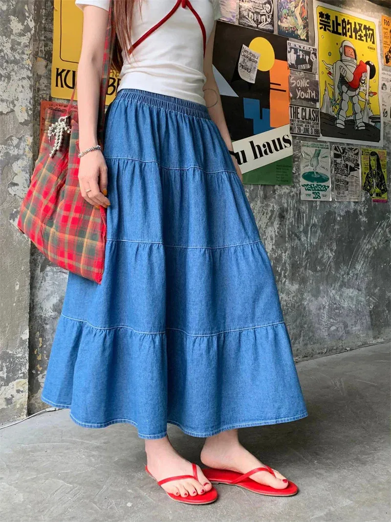 Vintage Ruffle Hem Korean Casual Elastic Waist Long Skirt