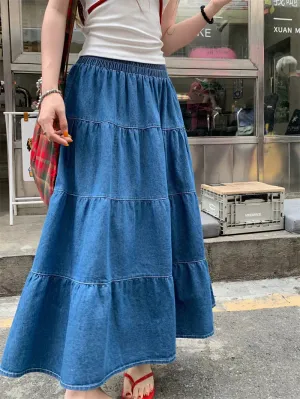 Vintage Ruffle Hem Korean Casual Elastic Waist Long Skirt