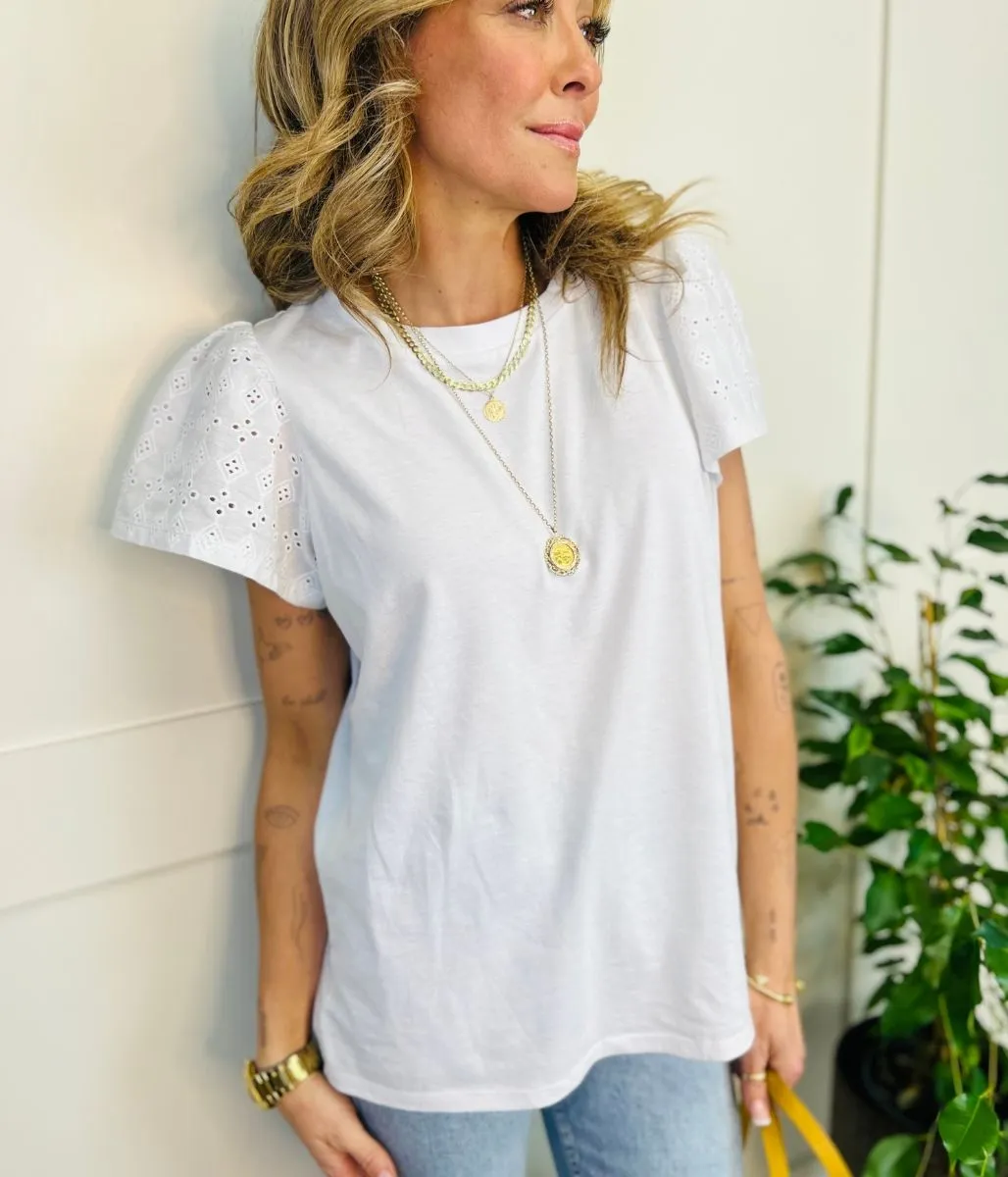 White Embroidered Sleeve Cotton Tee