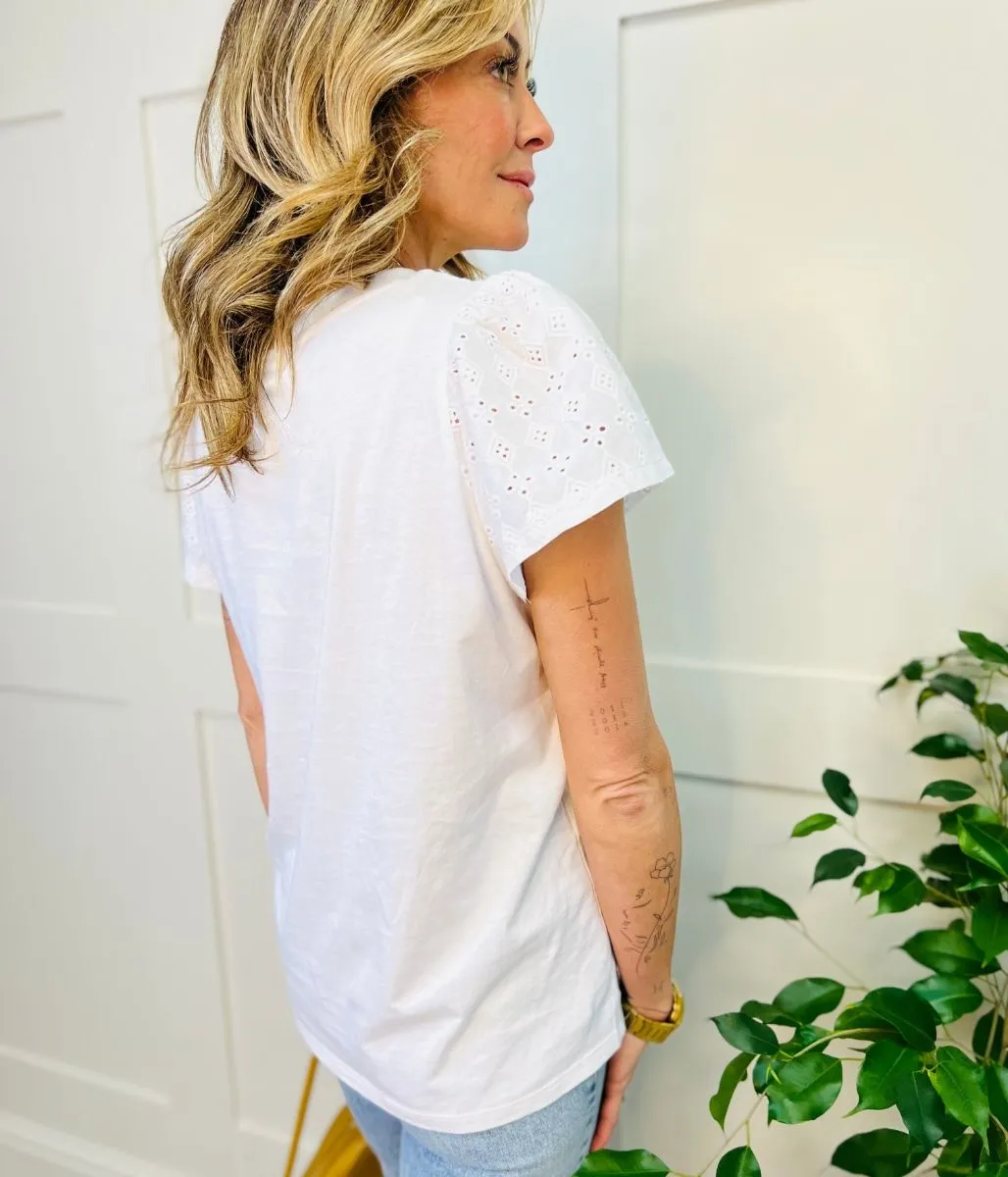 White Embroidered Sleeve Cotton Tee