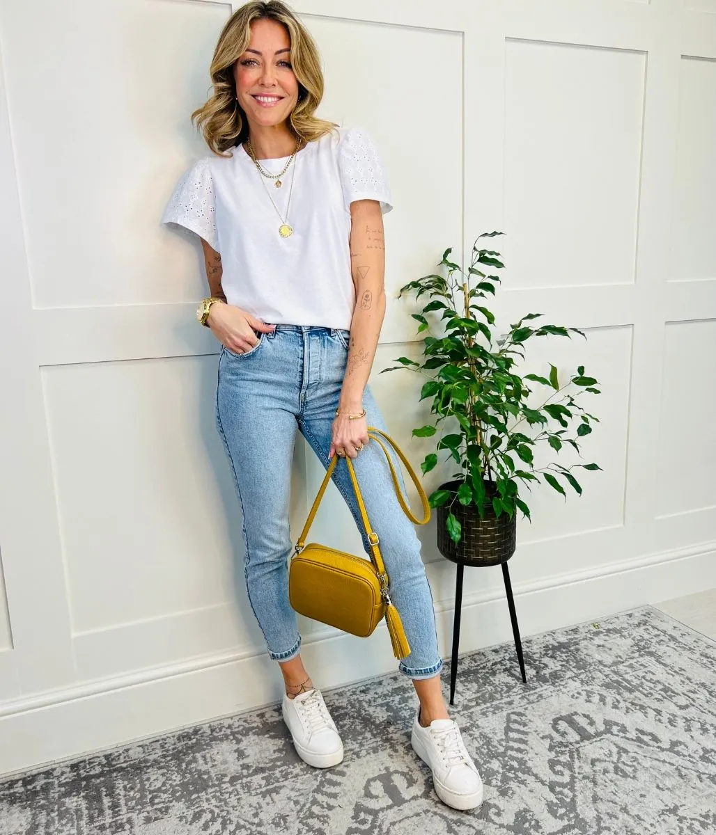 White Embroidered Sleeve Cotton Tee